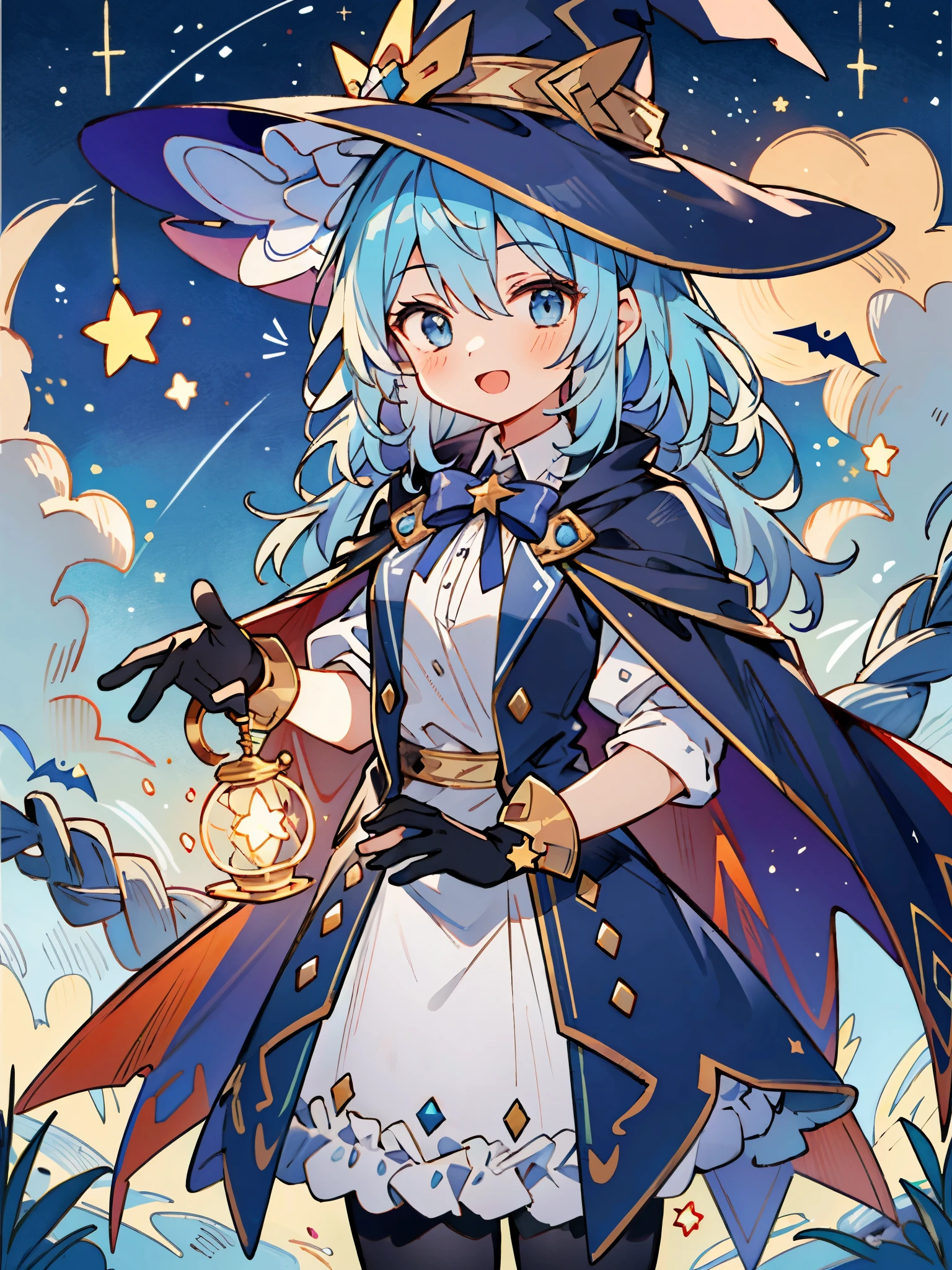 ((masterpiece:1.2, best quality)), 1girl, solo, (witch hat), a close up of a girl with curly hair, dress, aurora, night, star (sky), gloves, sky, dress, night sky, open mouth, starry sky, light blue eyes, ribbons, smile, cape, blue hair, magic, casting spell, night, (impressionism:1.4), alphonse mucha, Halloween colors, colorful candy, casting a spell, magical lights