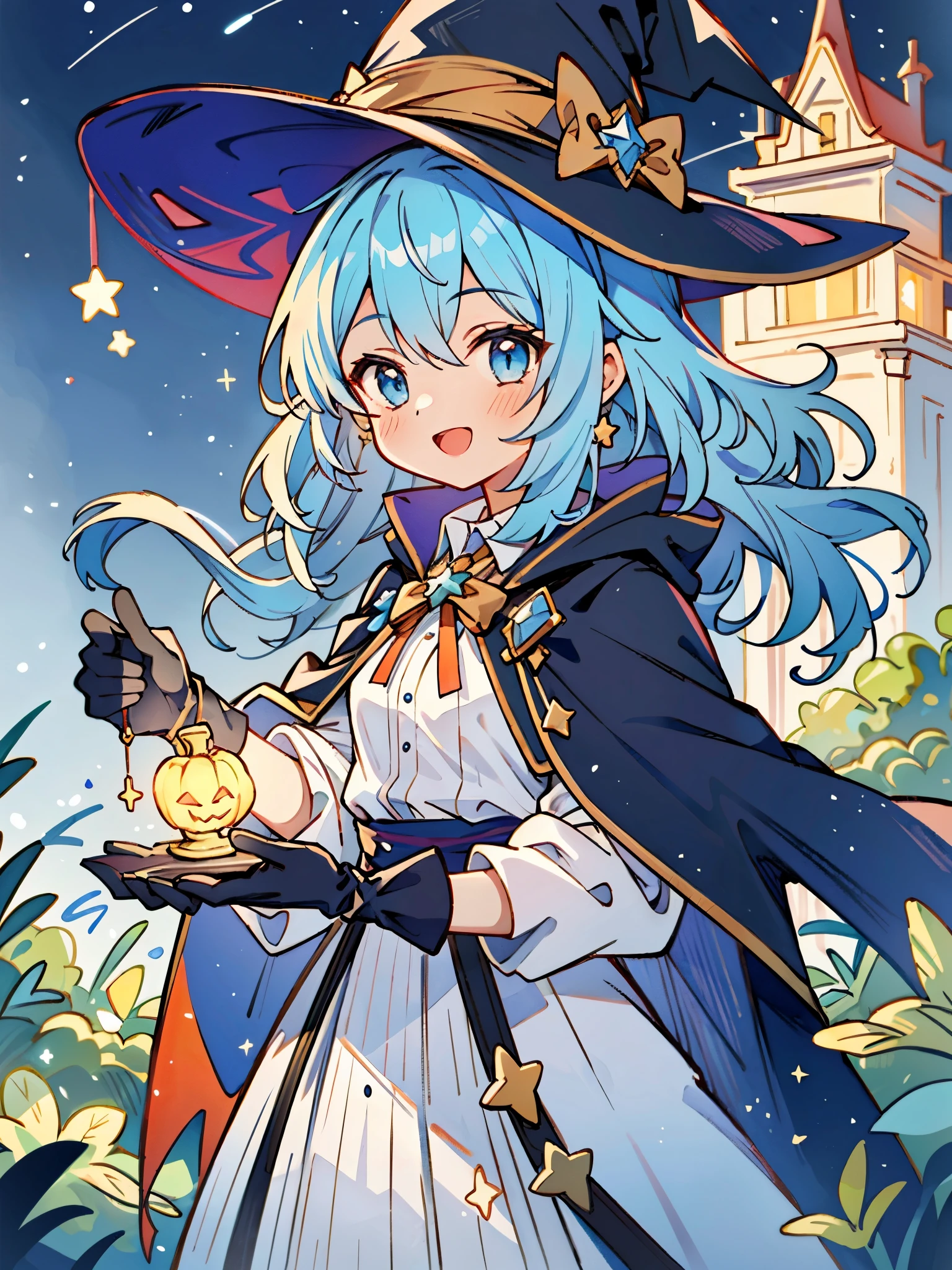 ((masterpiece:1.2, best quality)), 1girl, solo, (witch hat), a close up of a girl with curly hair, dress, aurora, night, star (sky), gloves, sky, dress, night sky, open mouth, starry sky, light blue eyes, ribbons, smile, cape, blue hair, magic, casting spell, night, (impressionism:1.4), alphonse mucha, Halloween colors, colorful candy, casting a spell, magical lights