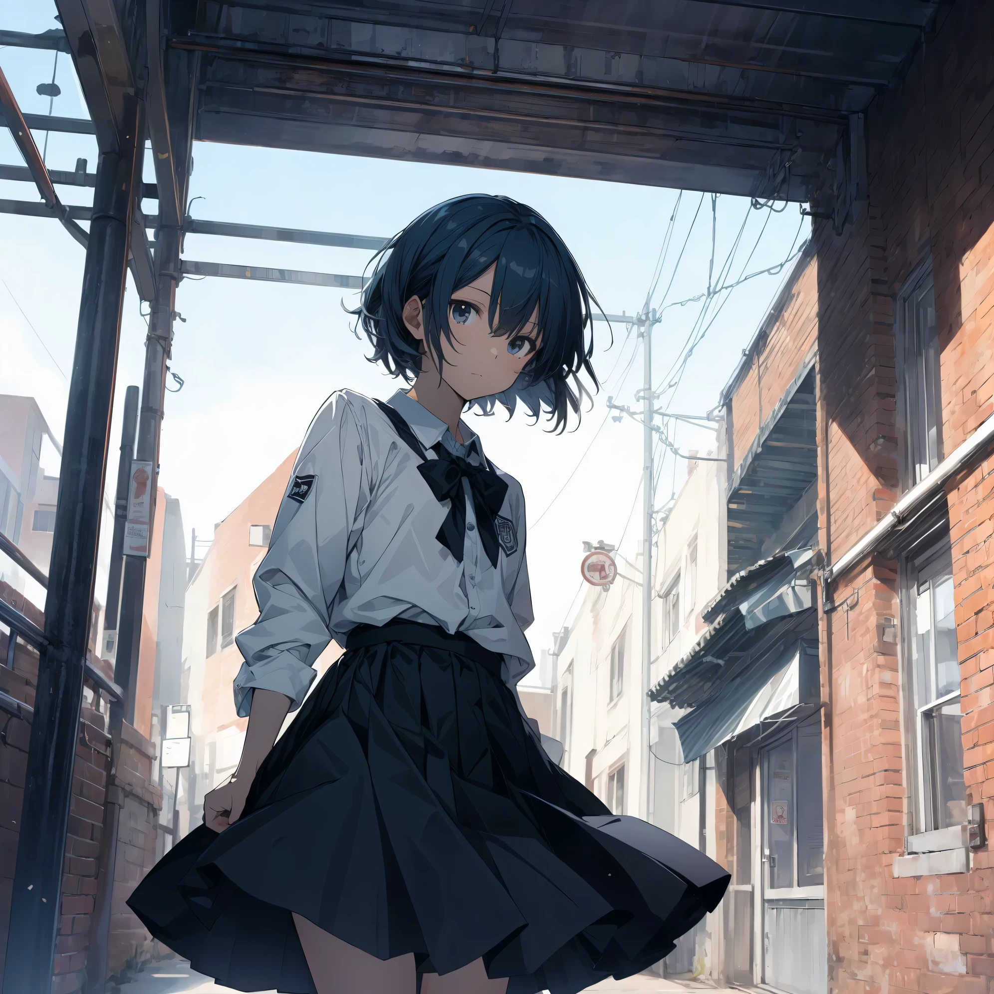 Super high quality by the art god, super detailed, High resolution,Shinkai Makoto style, anime moe art style, best anime 8K konachan wallpaper, pixiv contest winner, perfect anatomy, break,(眠そうにalone学校へ行く女の子を描いてください. ),break, surreal high school girl, (alone,lolita, , 13 years old:1.3),All limbs, full finger,, androgynous charm, (very short hair), messy hair, flat chest, , small ass, between legs, Small black eyes,beautiful and fine eyes, Well-proportioned iris and pupils, disgusted eyes, High resolutionの詳細な髪, wearing school uniform, (skirt), On the way to school. break,super dense skin, Best lighting by famous artists, 8K, figure,