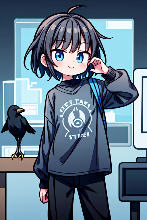 A college student with a crow on his shoulder、male、cool、anime、high resolution、Smiled face、Futuristic wind、short hair、black hair、color palette、baggy clothes、serious、computer、blue eyes、Mature