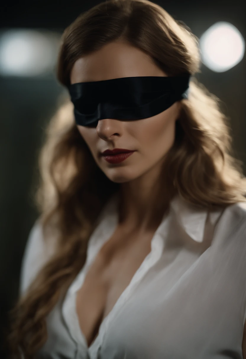 Blindfold woman, classic vintage, 90s woman, close up, wearing a cloth to close her eyes, hd, ulta hd, dark