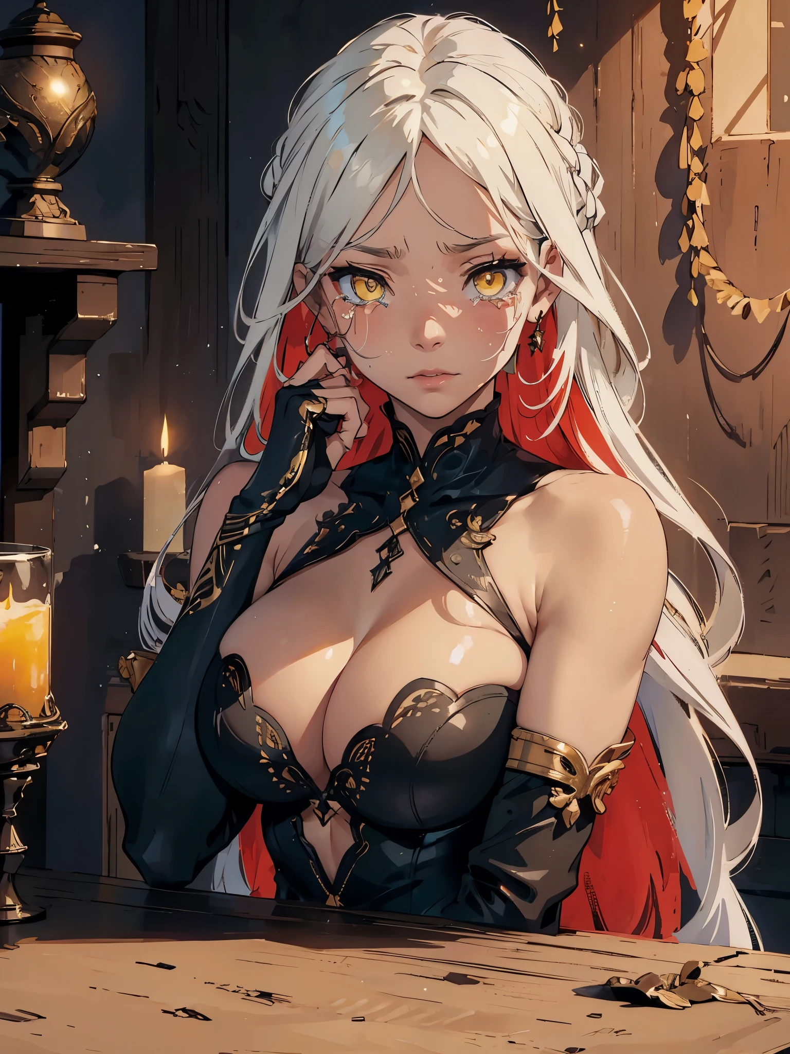 yellow eyes, tearful, sad, tears falling down cheeks,