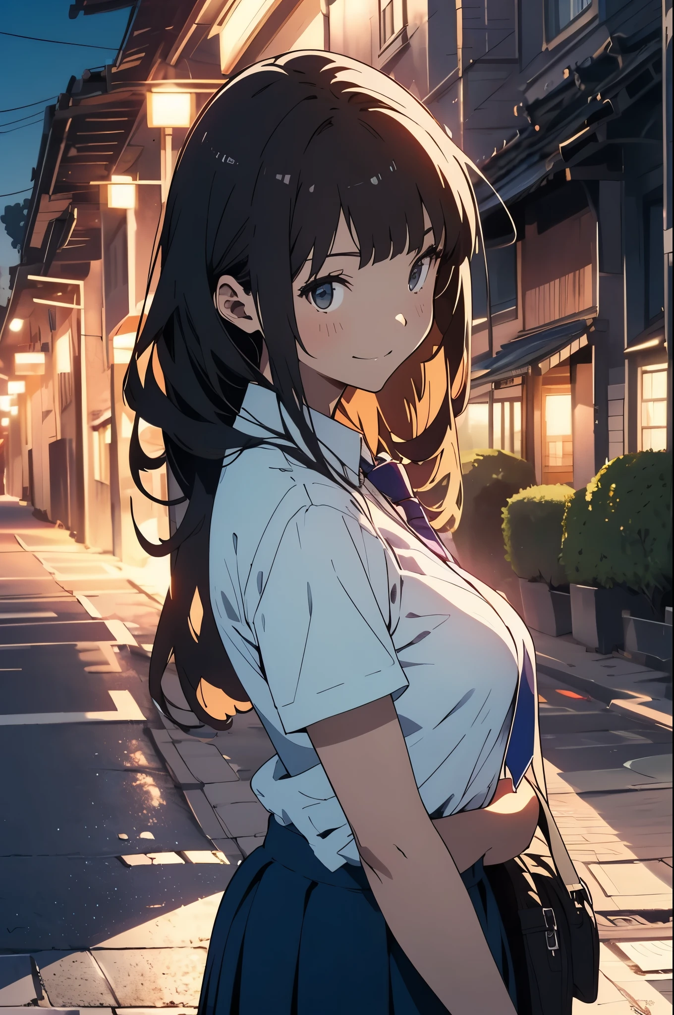 (masterpiece,Best Quality,Detailed beautiful face and eyes:1.2,Perfect Anatomy,beautiful illustrations:1.2,best anime:1.2),(1woman,solo),Superpowers、flames on my fingertips、25 year old beauty、brown hair、long hair ,blunt bangs,brown eyes,Bullish smile,perfect proportion,slender body,skinny,medium breasts,naked,gleaming skin,oliy skin,shiny skin,Academy服、white collar shirt、short sleeve、blue tie、navy pleated skirt、mini skirt、Black High Socks、loafer shoes、outdoor、schoolyard、Academy、at night、at night照明、