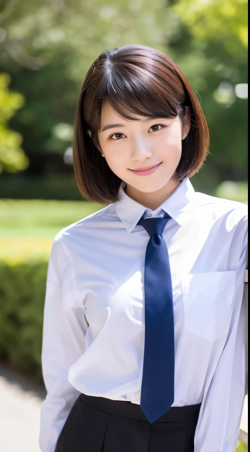 Top quality, beautiful Japanese woman, student, uniform, white shirt, young face, ,short cut hair