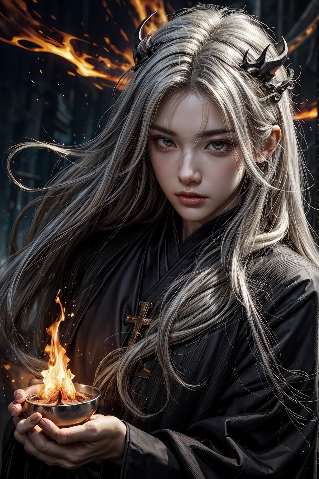 a close up of a person with a light on his face, handsome guy in demon slayer art, holy flame spell, holy fire spell art, he has eyes of fire, detailed digital anime art, white haired deity, appears as the fire goddess, by Yang J, handsome japanese demon boy, holy flame crown spell, beautiful male god of death, fanart best artstation