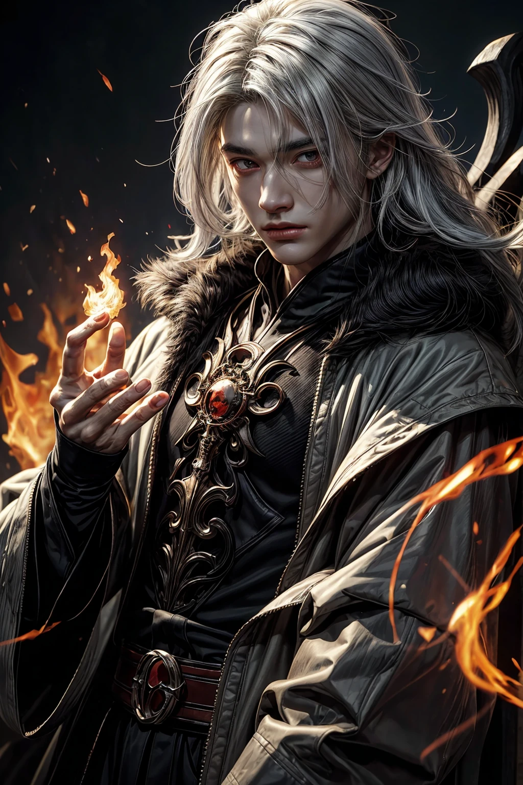 a close up of a person with a light on his face, handsome guy in demon slayer art, holy flame spell, holy fire spell art, he has eyes of fire, detailed digital anime art, white haired deity, appears as the fire goddess, by Yang J, handsome japanese demon boy, holy flame crown spell, beautiful male god of death, fanart best artstation