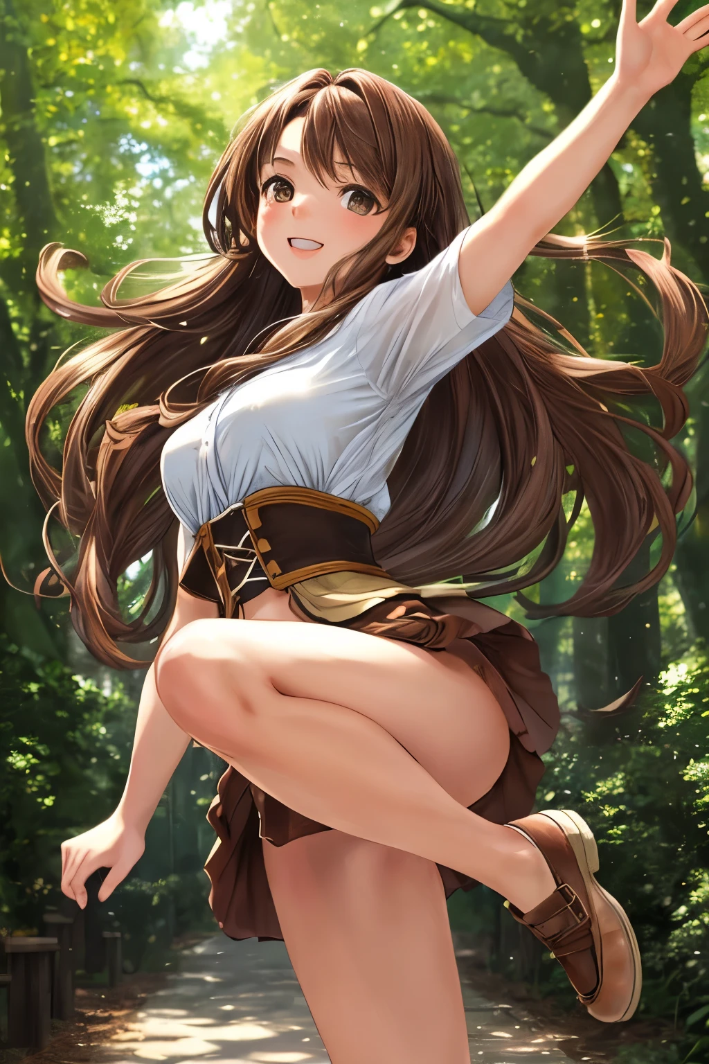 (masterpiece, best quality), 1girl with brown hair and brown eyes, long locks cascading down her back,
leaps into the air with a graceful jump, FORESHORTENING the perspective of her extended leg,
DEPTH OF FIELD softly blurring the background,
solo figure, completely absorbed in her travels,
mini shirt revealing the curve of her waist,
dappled sunlight filtering through the trees, casting shadows upon her skin.
Her expressive brown eyes, full of curiosity and excitement,
lock onto the viewer, as if inviting us to join her on her journey.