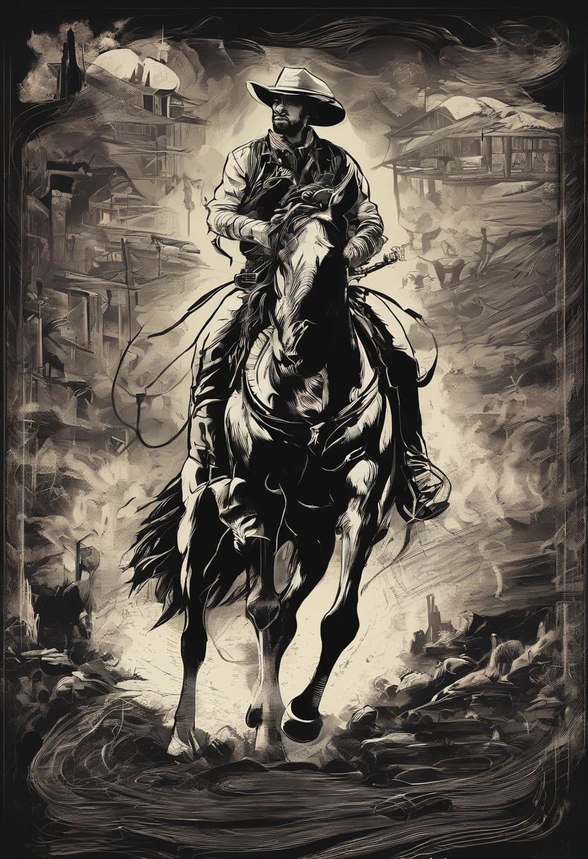 Design para camisetas, estampas, fundo preto, arte sobre fundo preto, cavalo galopando, ao lado um cowboy, pastagem, cinematic light, aspect radio 12:16