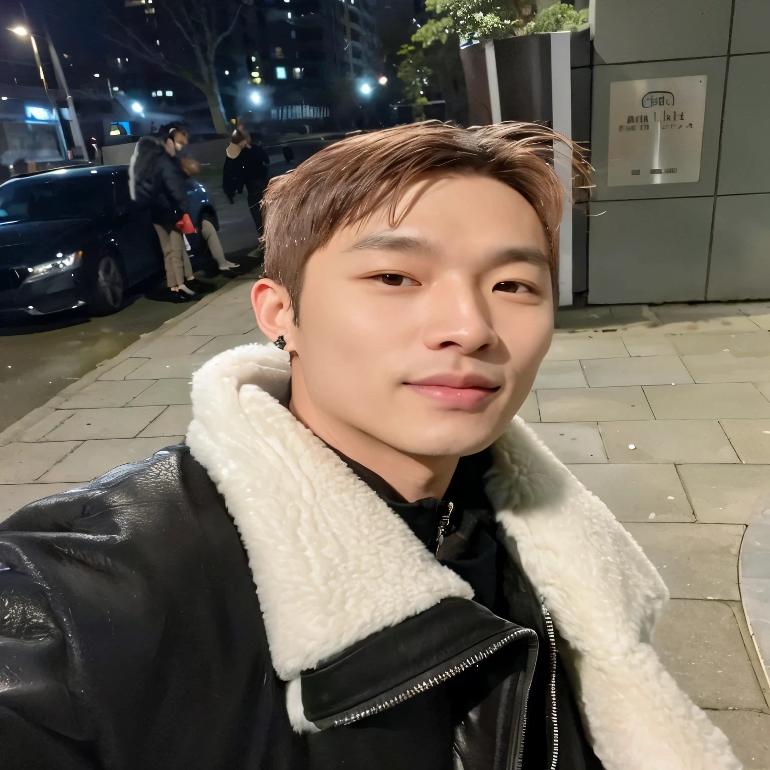 arafed man in a black jacket and white fur coat standing on a sidewalk, glossy from rain, Yoon keeho, Stephen yoon, keeho from p1harmony, keeho, south korean male, headshot profile picture, keeho yoon, wan adorable korean face, taken in the early 2020s