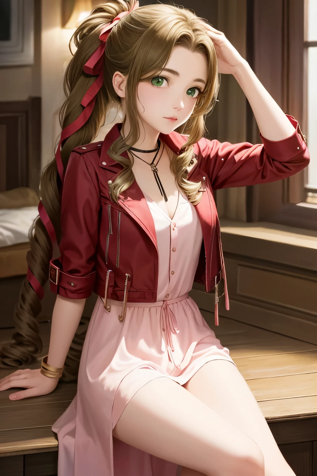 aerith gainsborough, braid, braided ponytail, (green eyes:1.5), hair ribbon, long hair, parted bangs, brown hair, sidelocks, (medium breasts),
BREAK bangle, bracelet, choker, cropped jacket, dress, jacket, jewelry, long dress, pink dress, pink ribbon, puffy short sleeves, puffy sleeves, red jacket, ribbon, short sleeves,
BREAK looking at viewer,cowboy shot,
BREAK indoors,
BREAK (masterpiece:1.2), best quality, high resolution, unity 8k wallpaper, (illustration:0.8), (beautiful detailed eyes:1.6), extremely detailed face, perfect lighting, extremely detailed CG, (perfect hands, perfect anatomy),sitting,smile