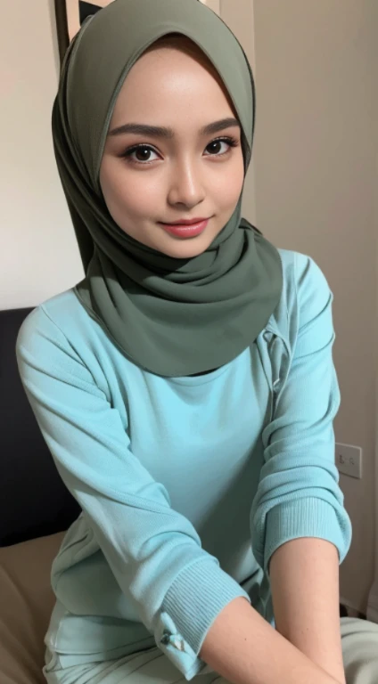 RAW, Best quality, high resolution, masterpiece: 1.3), beautiful Malay woman in hijab,Masterpiece, perfect  fit body, ((Huge breast)), errcted nipple,  biggorgeous eyes, Soft smile,muslim woman in a plain long sleeve shirt and hijab posing for a picture, hijab, with lovely look, with beautiful colors, with accurate face, pose 4 of 1 6, traditional beauty, batik, wearing beautiful clothes, beutifull, with beautiful exotic, attractive pose, cute pose, scarf, wearing plain chiton, very attractive , she is smiling,Delicate turtleneck, necklace, shairband, afternoon walk, City garden, Excellent lighting, Bright colors, Clean lines