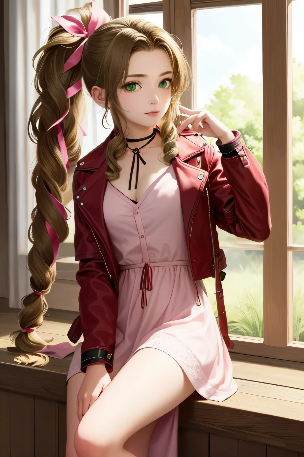 aerith gainsborough, braid, braided ponytail, (green eyes:1.5), hair ribbon, long hair, parted bangs, brown hair, sidelocks, (medium breasts),
BREAK bangle, bracelet, choker, cropped jacket, dress, jacket, jewelry, long dress, pink dress, pink ribbon, puffy short sleeves, puffy sleeves, red jacket, ribbon, short sleeves,
BREAK looking at viewer,cowboy shot,
BREAK indoors,
BREAK (masterpiece:1.2), best quality, high resolution, unity 8k wallpaper, (illustration:0.8), (beautiful detailed eyes:1.6), extremely detailed face, perfect lighting, extremely detailed CG, (perfect hands, perfect anatomy),sitting,smile