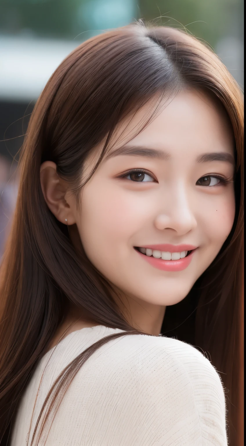 ((Best quality, 8k, Masterpiece :1.3)), 1girl, smiling, full body, thin face, Pretty woman, (Dark brown hair), long dress :1.1, Ultra-detailed face, Detailed eyes, Double eyelid, blurred background, thin face, city, outdoors, street,