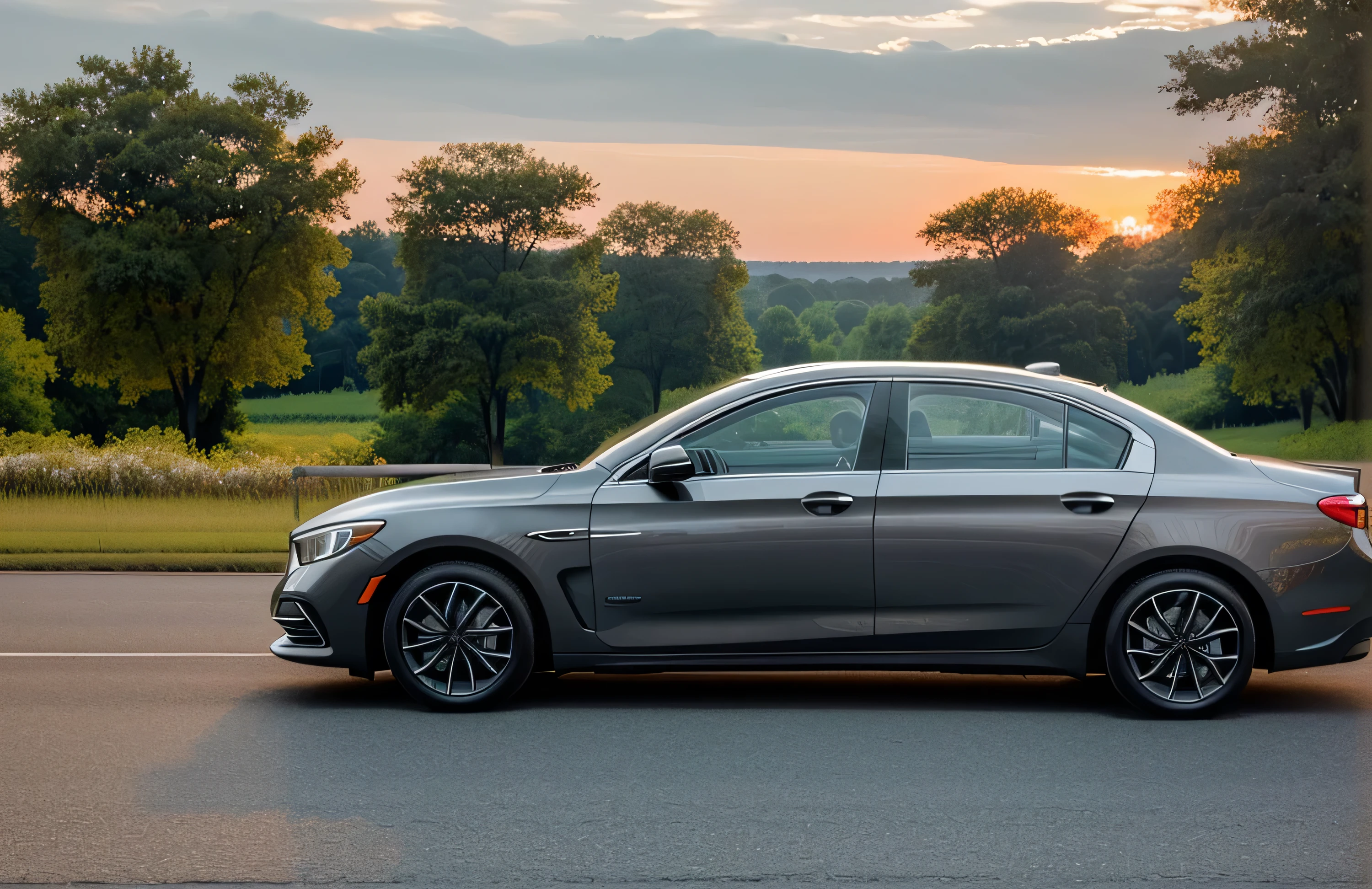(Masterpiece, best quality, best detail, photorealistic, award winning photography :1.5), A sedan car on the road, side view, beautiful view.