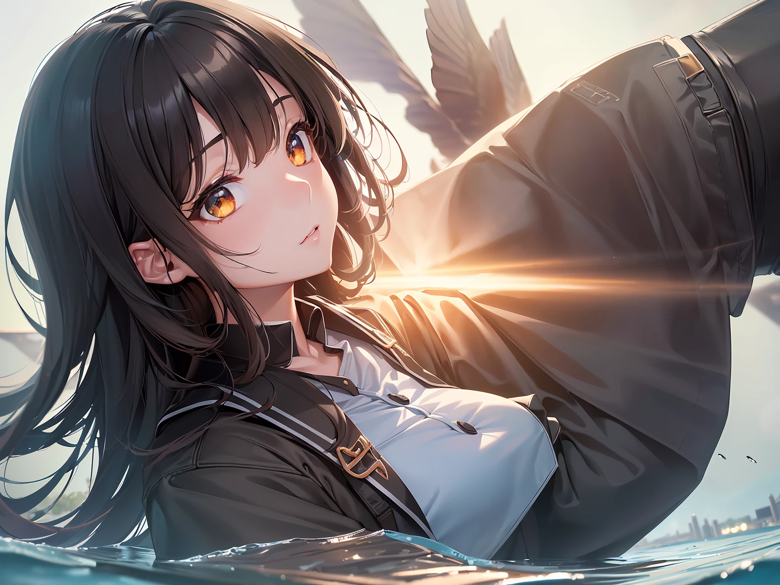 (a beautiful girl is sinking) ,in the sky , brown and black hair, uniform clothes, gradient eyes, anime style, chiaroscuro, depth of field, cinematic lighting, god rays, ray tracing, reflection light, glowing light, (from side(, highres, (masterpiece), best quality, highres, (super detail), anatomically correct, UHD, textured skin