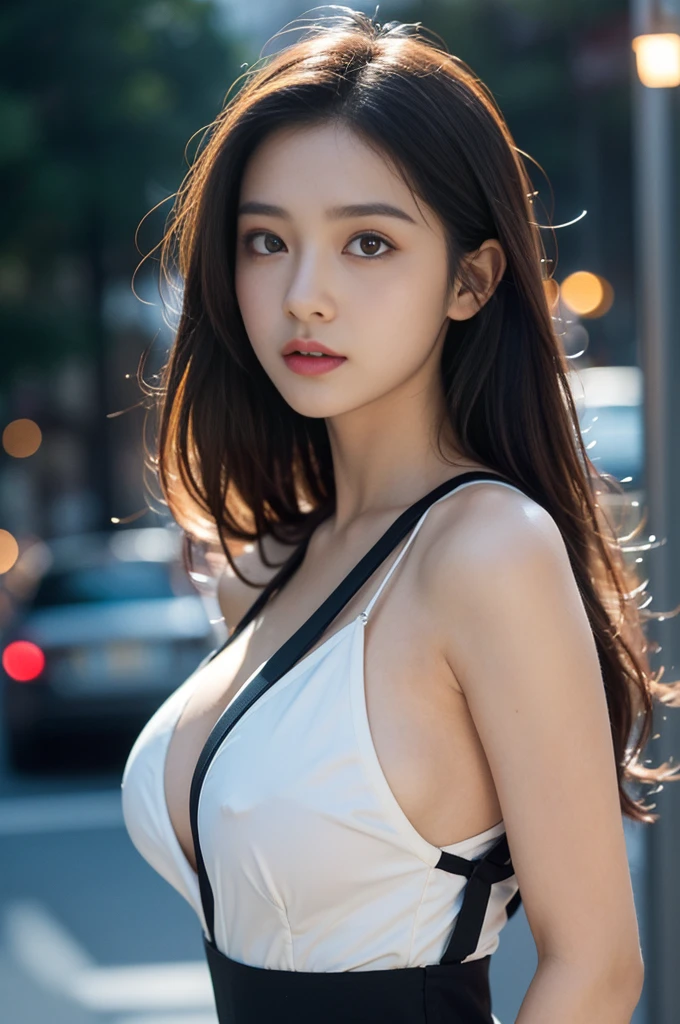 best quality,master piece,ultra high resolution,(realism:1.4),RAW photography,1 girl,cropped shoulders,white long hair,bust,huge tit,face highlighting,Pure,girly,flushing,18-year-old,18-year-oldの笑顔の女子同級生,Pure,innocent,(best quality,8K,master piece:1.3),goose egg face,White-eye,long eyelashes,exquisite(Live-action realistic style),starry eyes,ultimate face,realistic light and shadow,clear facial features,milky white skin,Fair skin, high detail skin, realistic skin details, visible pores,(Super detailed),(perfect body:1.1),white long hair,(dynamic pose),((dynamic background((volume light:1.3)),street,night,The lights are dim,deep v big tits,Thin shoulder strap,black suspenders,Sexy