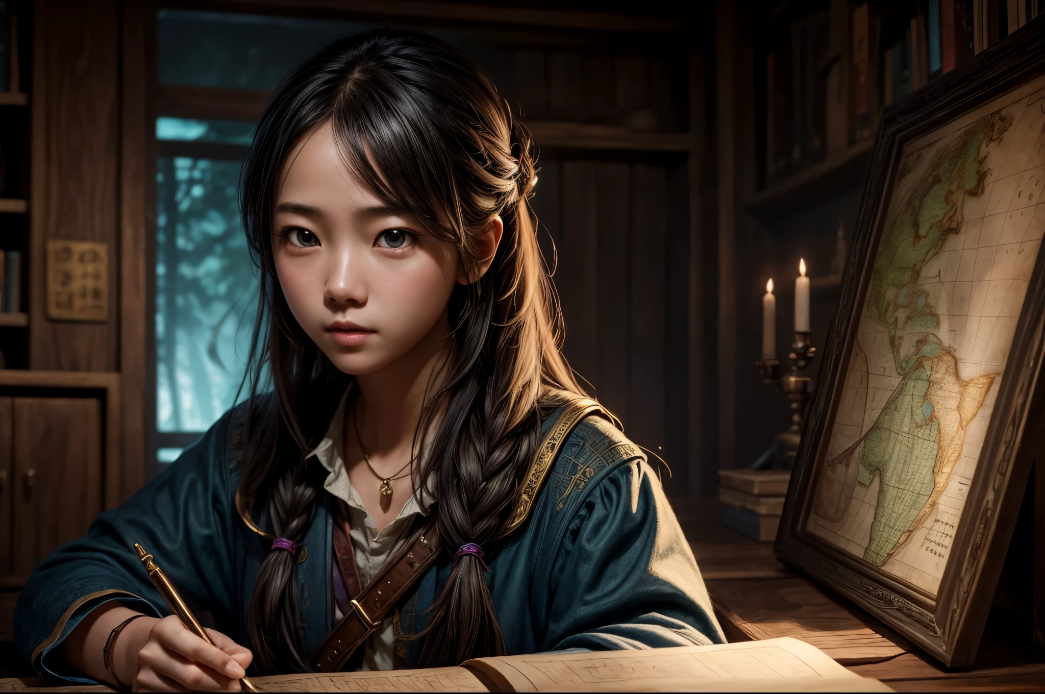 A girl exploring based on a treasure map,插图,highres,ultra-detailed,realistic,portrait,colorful lighting