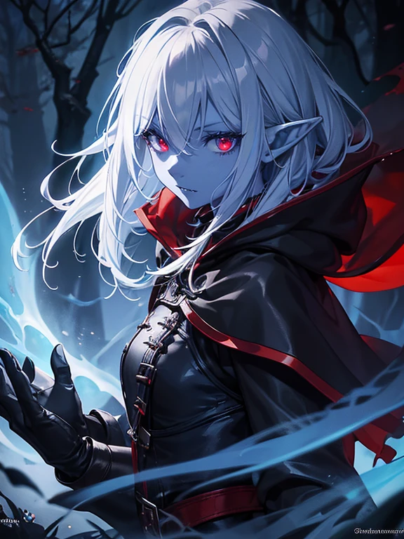 Close up, fantasy world, night, foggy, dark forest, humanoid, elf, her skin is a blue skin color, blue skin colour, red eyes, short messy white hair, emotionless expression, black leather, red leather pieces, leather straps, red cloak, vampire fangs