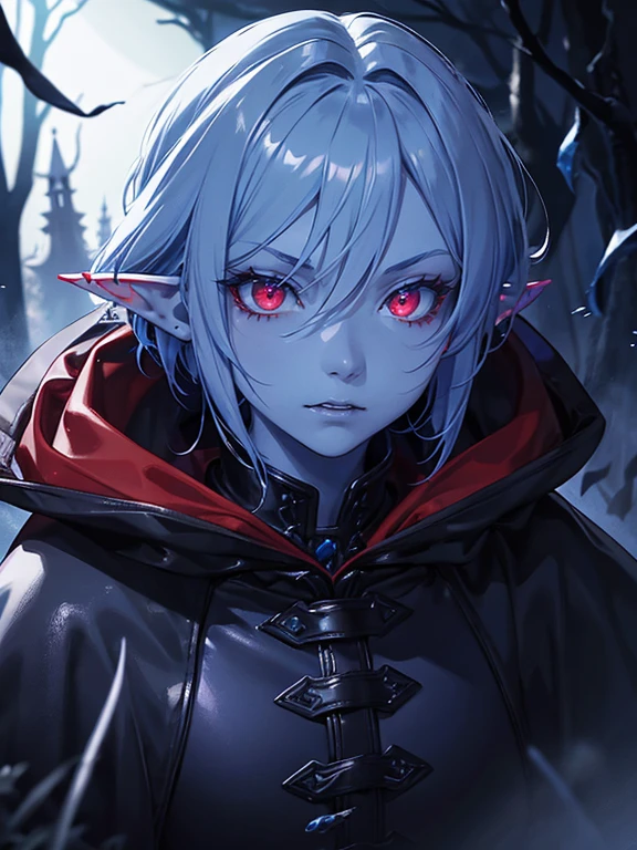 Close up, fantasy world, night, foggy, dark forest, humanoid, elf, her skin is a blue skin color, blue skin colour, red eyes, short messy white hair, emotionless expression, black leather, red leather pieces, leather straps, red cloak, vampire fangs