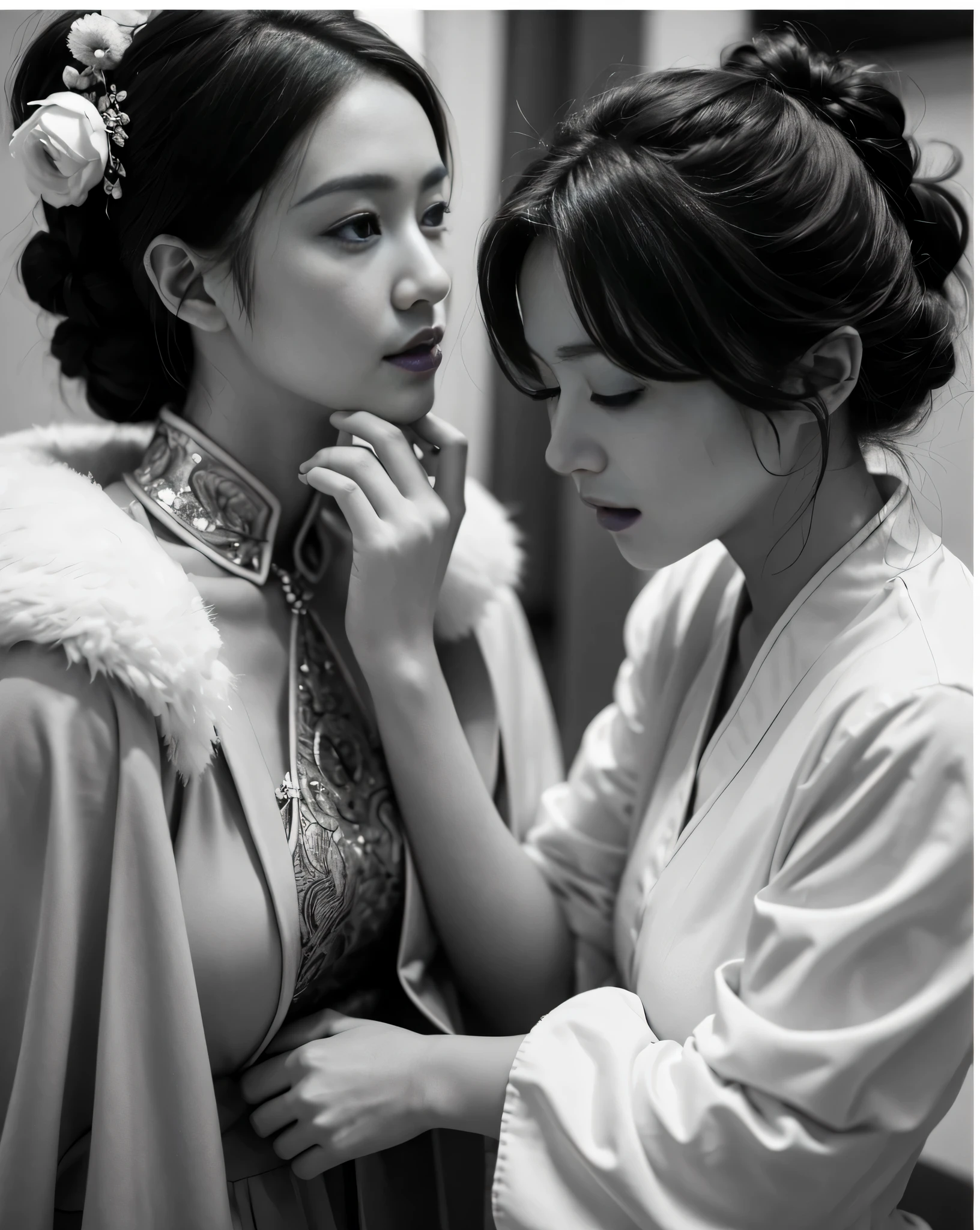 A woman wearing a white robe and another woman wearing a white dress are the main subjects of the artwork. The women are wearing traditional Chinese clothes, Especially Hanfu, Known for its elegance and elegance. The woman in white robe represents the Queen of China, The woman wearing a white skirt represents a noble lady. Both are inspired by the beauty of Empress Dowager Cixi, Powerful figures in Chinese history.
The artwork is deeply influenced by traditional Chinese art and photography. The composition and style are inspired by the works of the famous Chinese painter Qiu Ying. Intricate details and delicate brushwork aim to capture the essence of Chinese tradition and culture.
The color palette is rich and vibrant, Emphasis on traditional Chinese colors,For example, red, Kaneko, and blue. These colors symbolize prosperity, fortune, and the nobility in Chinese culture. Use of soft furnishings, Warm lighting creates a warm and inviting atmosphere, Highlight women's beauty and elegance.
Ensure the highest quality and authenticity of the artwork, it should be described as "(best quality, 4K, 8k, high resolution, masterpiece:1.2), Super detailed, (actual, photoactual, photo-actual:1.37)". Details and authenticity should be emphasized, Demonstrate artist's skill and professionalism.
comprehensive, Prompts should be concise and descriptive, Capture the essence of a scene,while incorporating the required details.