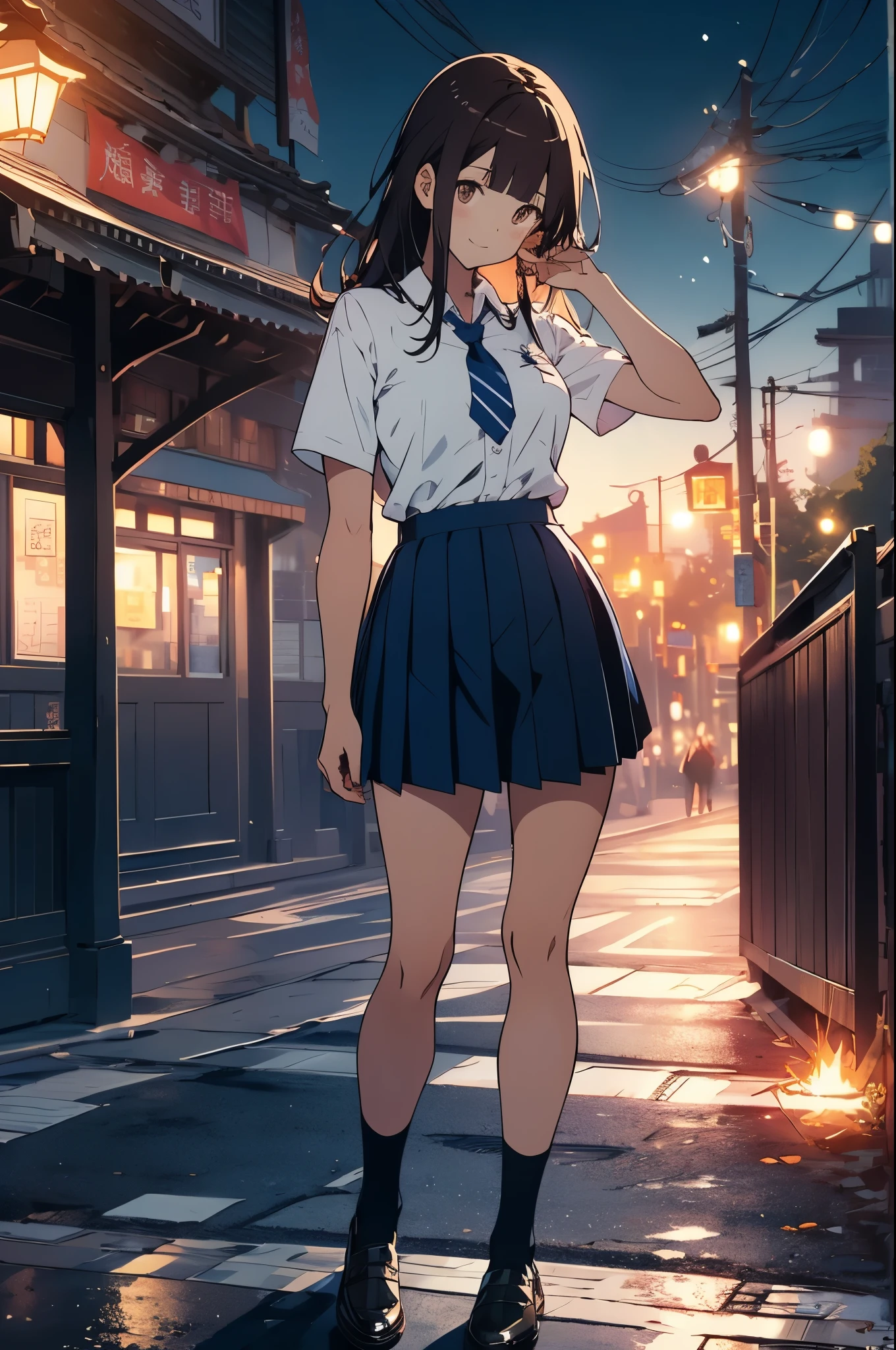 (masterpiece,Best Quality,Detailed beautiful face and eyes:1.2,Perfect Anatomy,beautiful illustrations:1.2,best anime:1.2),(1woman,solo),(wizard、人差しflames on my fingertipsを灯す)、Raise your right hand near your face and raise your index finger、flames on my fingertips、25 year old beauty、brown hair、long hair ,blunt bangs,brown eyes,Bullish smile,perfect proportion,slender body,skinny,medium breasts,naked,gleaming skin,oliy skin,shiny skin,Academy服、white collar shirt、short sleeve、blue tie、navy pleated skirt、mini skirt、Black High Socks、loafer shoes、outdoor、schoolyard、Academy、at night、at night照明、