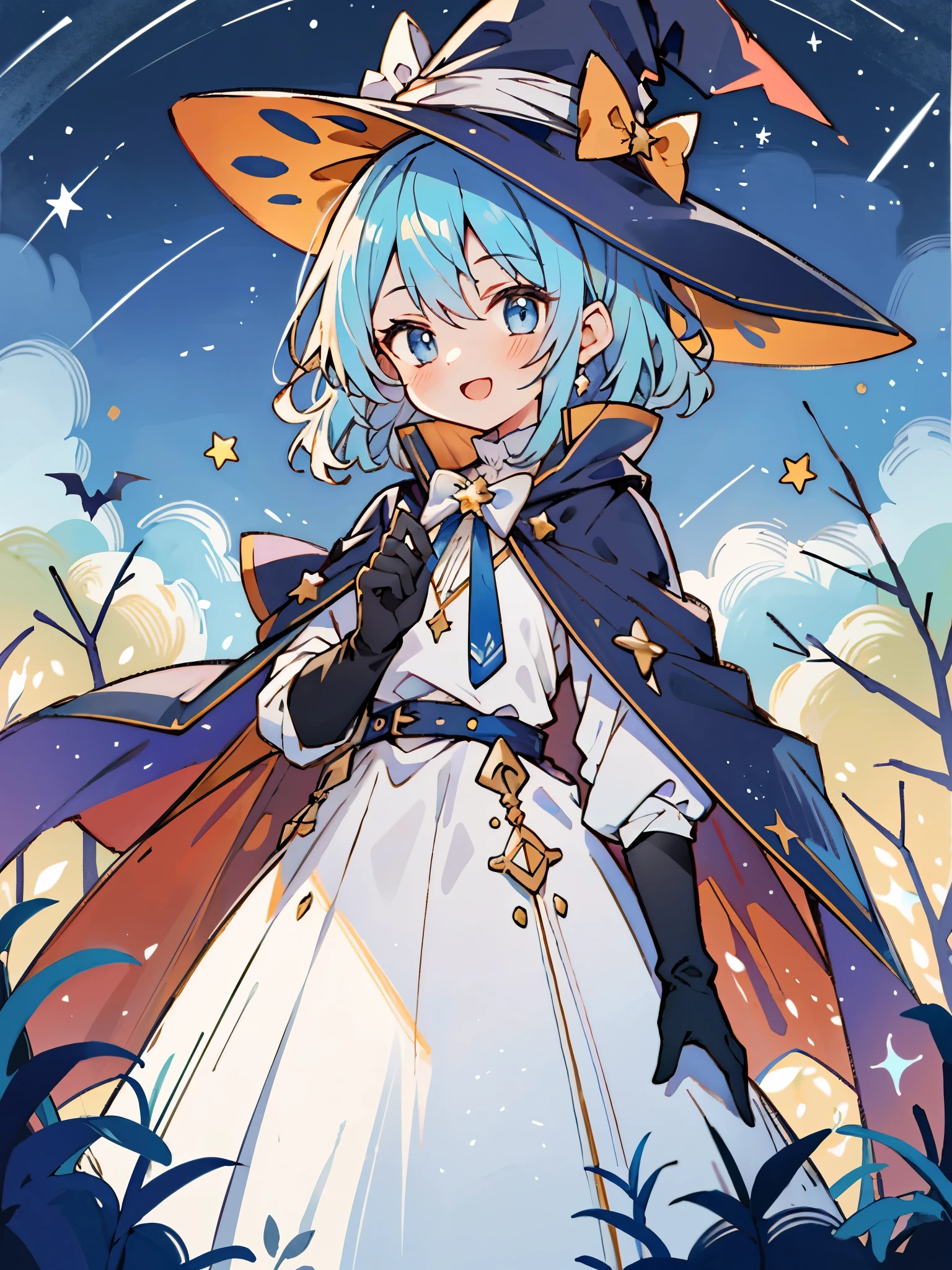 ((masterpiece:1.2, best quality)), 1girl, solo, (witch hat), a close up of a girl with curl hair, short hair, dress, aurora, night, star (sky), gloves, sky, dress, night sky, open mouth, starry sky, light blue eyes, ribbons, smile, cape, blue hair, magic, casting spell, night, (impressionism:1.4), alphonse mucha, Halloween colors, colorful candy