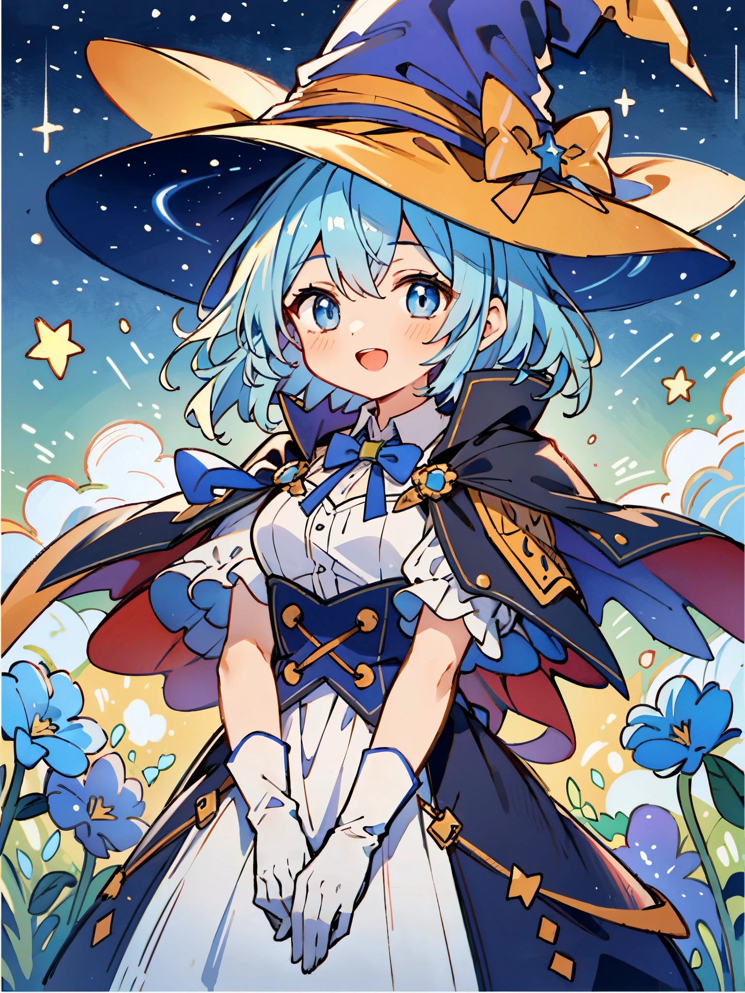 ((masterpiece:1.2, best quality)), 1girl, solo, (witch hat), a close up of a girl with curl hair, short hair, dress, aurora, night, star (sky), gloves, sky, dress, night sky, open mouth, starry sky, light blue eyes, ribbons, smile, cape, blue hair, magic, casting spell, night, (impressionism:1.4), alphonse mucha, Halloween colors, colorful candy