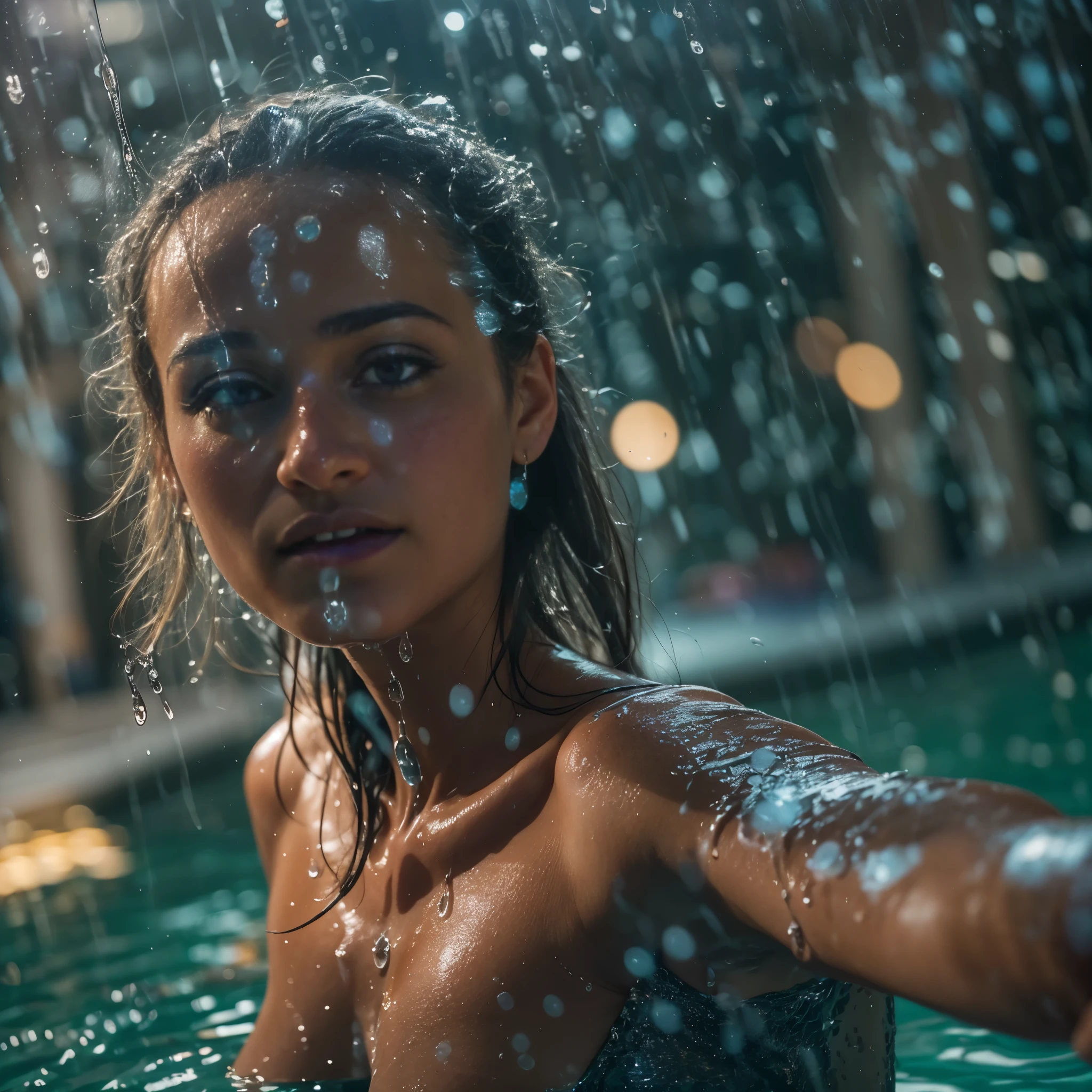 Woman thrown in the pool in her fine clothes, at a party, ((dressed up)), ((expensive party frock)), jewelry, ((soaked)), ((drenched)), ((dripping wet)), ((cute)), insanely beautiful, bombshell, alicia vikander, off the shoulder mini dress, water at waist level, oily clothes, droplets, evening, photorealistic, bokeh, narrow focus, party guests, outdoors, night sky, cityscape, posing for photo, looking at viewer, ((vertically aligned)), nsfw, cleavage, smile, pulled down, topless, exposed chest