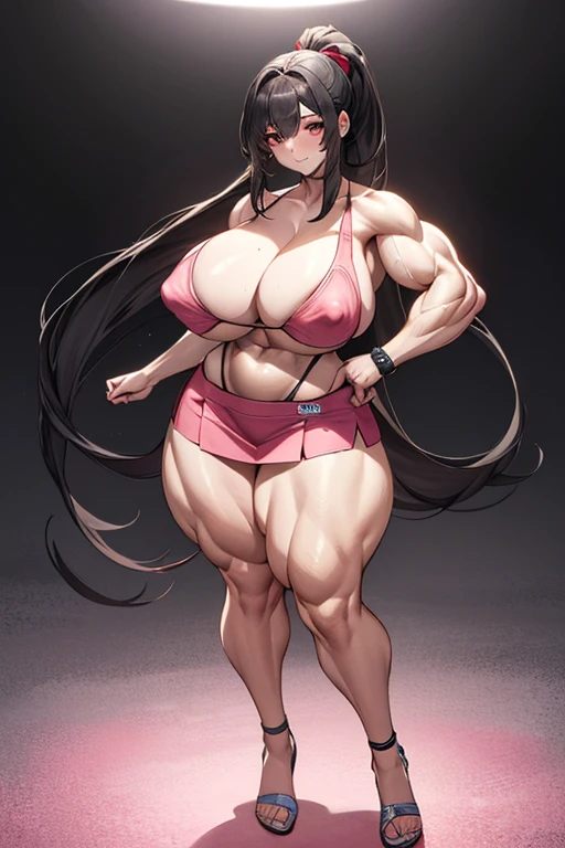 Best quality,8K,ultra high res:1.5),(Pretty very very long ponytail hair tied with red ribbon girl),(Huge breasts:1.20),(very voluptuous body),(very voluptuous thigh),(body builder girl:1.5),(wide muscle:1.8),(light smile),(eyes to camera),(light black hair),(red bra),(pink short skirt),(nipples),(sexy abdominal muscles),(standing view)