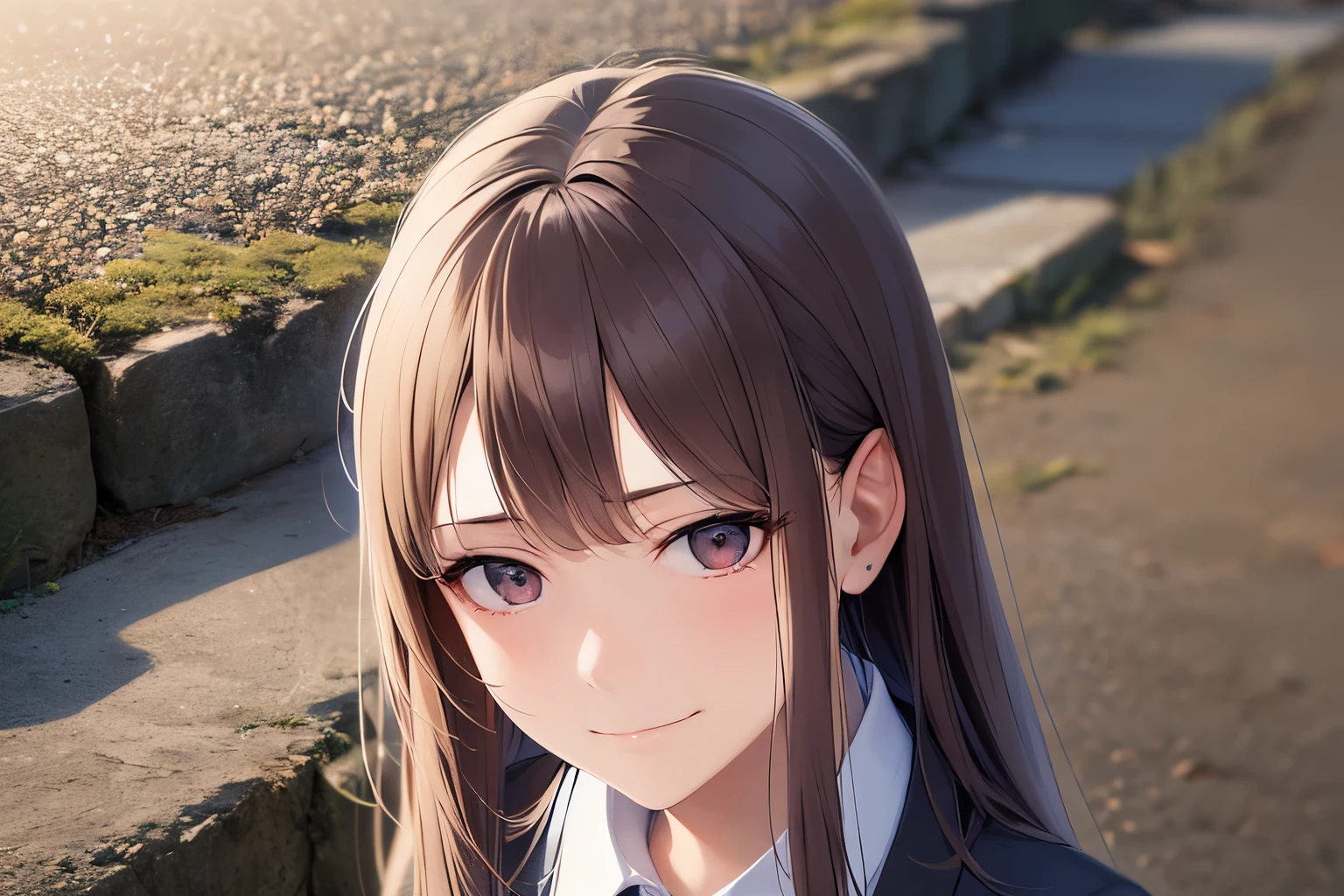 shooting from above, Realistic, real person, RAW photo, photorealistic, portrait photography, shiny skin, japanese idol、A 25-year-old woman with medium-long hair with bright chestnut bangs.、wearing a gray suit、wearing a gray skirt、(sad smile:1.5), Alone、The background is an office
