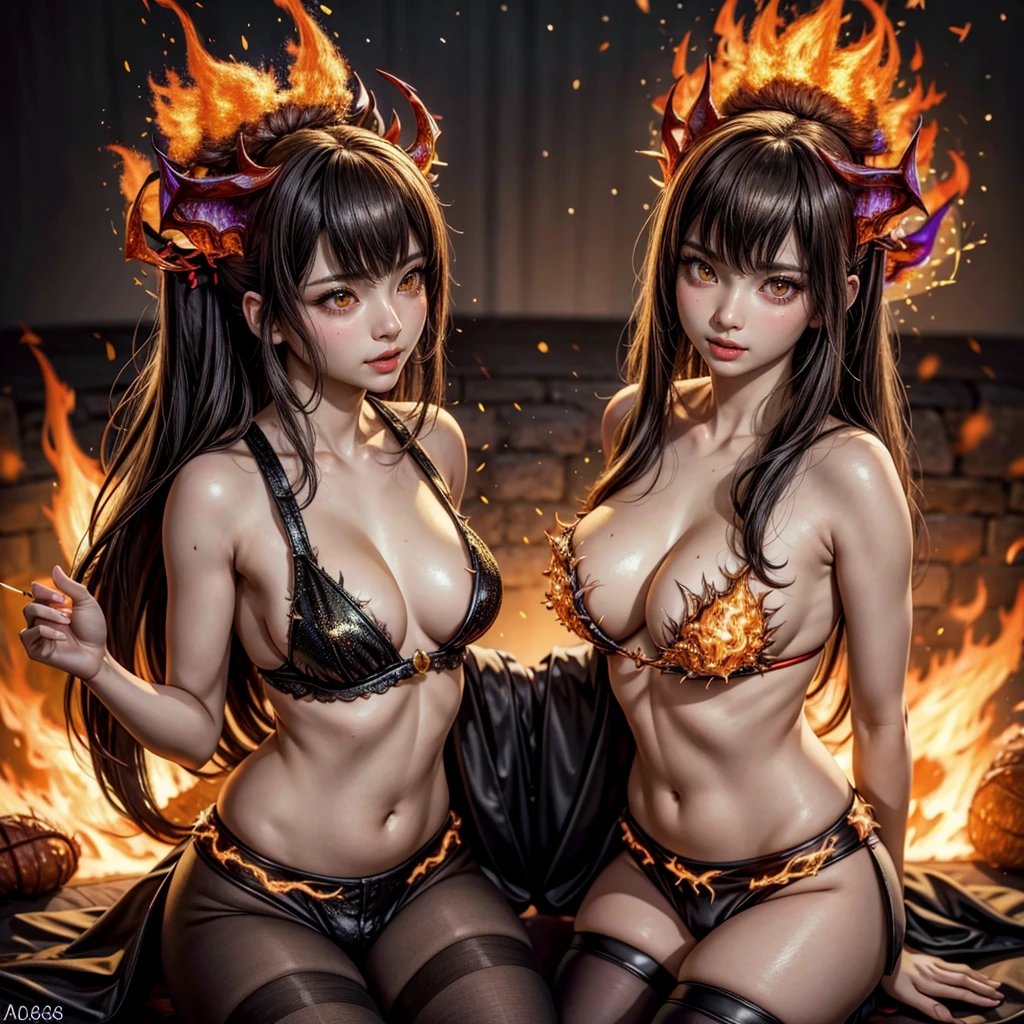 (NSFW:-1, Exposed:0.75), (((nipple:-1, horns:-1, extra ears:-1))), (bokeH, Acutance:0.85, Ultra-detailed:1.35), (Masterpiece, best quality, highres, realistic:1.37), (sexy Ifrit clad in flames with aura:1.28), (all outfits made of flames), (many colorful lights and sparks in blurred background:1.2), detailed gaze, seductive lips, alluring pose, mesmerizing atmosphere . BREAK  (Luminous Particles:1.15), full of fire covering and surrounding whole Body, filled with flames, ruins, fiery Sky, a cigarette hold in mouth .