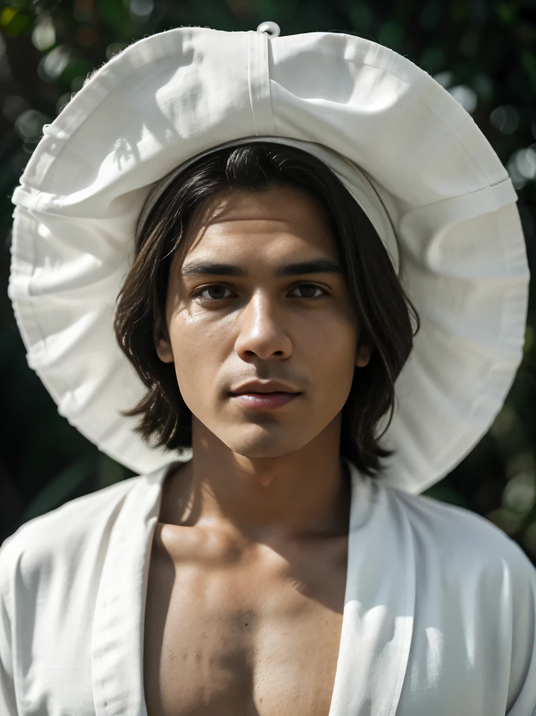 (symmetry),centered,a ((close)) up portrait,mexican boy with long hair, wearing a long white robe and a penacho,35mm,natural skin,clothes detail, 8k texture, 8k, insane details, intricate details, hyperdetailedhighly detailed,realistic,soft cinematic light,HDR,sharp focus, ((((cinematic look)))),intricate, elegant, highly detailed