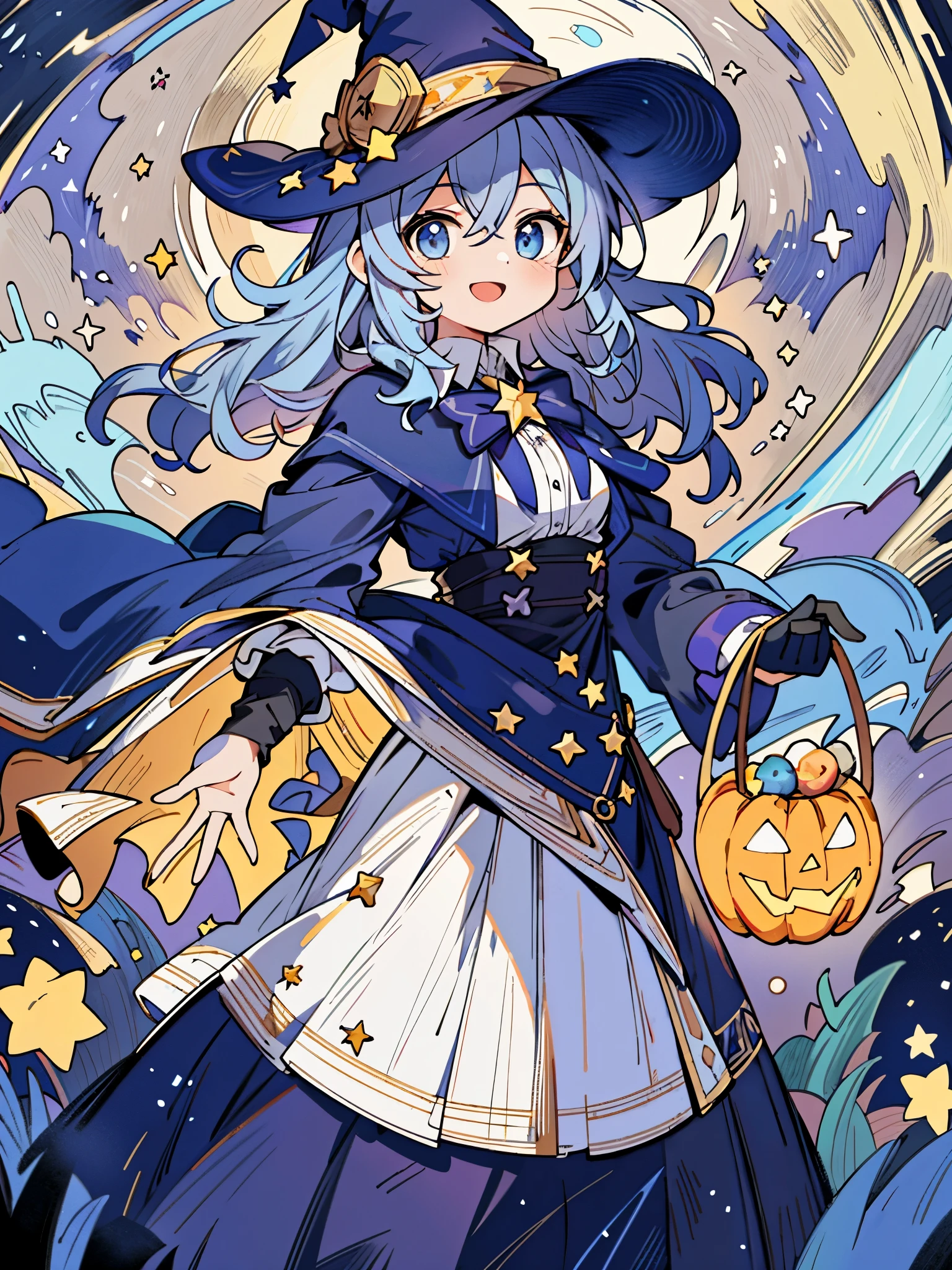 ((masterpiece:1.2, best quality)), 1girl, solo, (witch hat), a close up of a girl with curly hair, dress, aurora, night, star (sky), gloves, sky, dress, night sky, open mouth, starry sky, light blue eyes, ribbons, smile, cape, blue hair, magic, casting spell, night, (impressionism:1.4), alphonse mucha, Halloween colors, colorful candy, casting a spell, magical lights