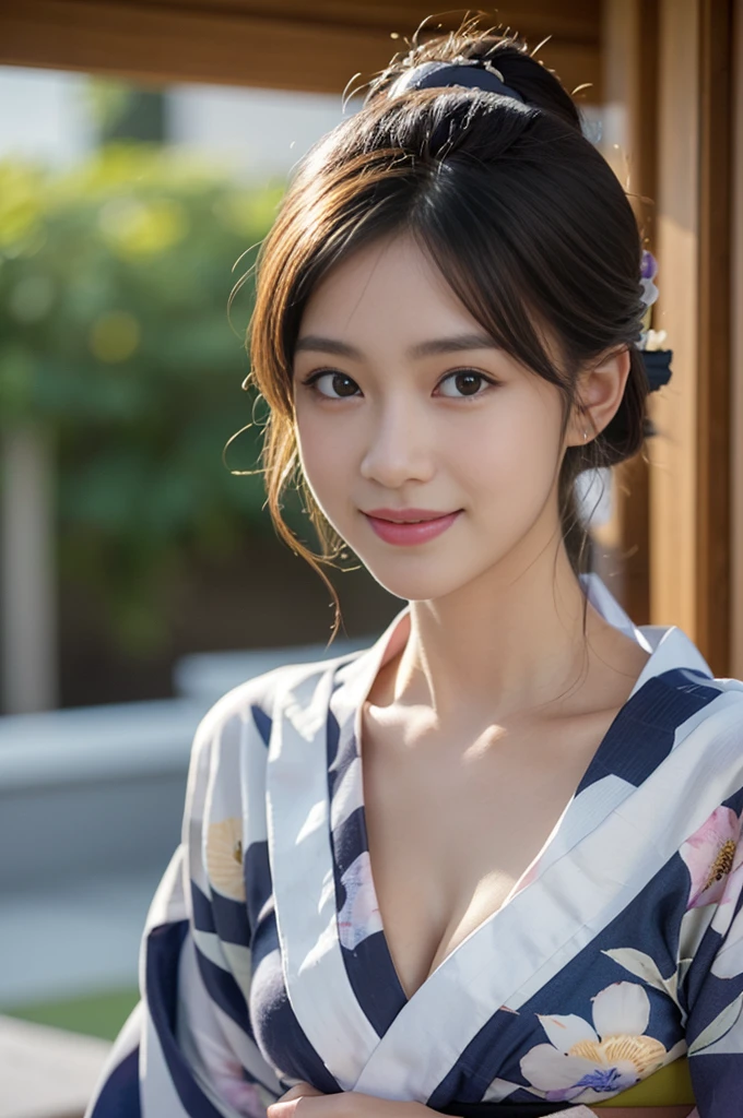 (****ung girl), very cute face, wonderful face and eyes, (highly detailed eyes, highly detailed face), Fresh, very beautiful appearance, (超realistic, High resolution), (highest quality:1.4), RAW photo, (realistic, Photoreal:1.37), professional photography, (floral pattern yukata:1.5), (Open yukata), (cleavage:1.2), (bare shoulders), smile a little, (look at me), Bedroom, girl portrait,