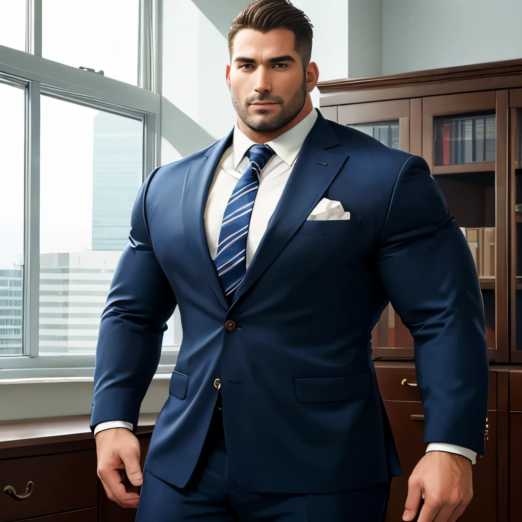 (highest quality:1.5), (masterpiece:1.5), (large private office:1.2), white wall, skyscraper, (Japanese:1.2), very large window, hot guy, solo, navy striped suit, Navy blue tie, male, (macho:1.3), (huge body:1.2), 38 years old, short hair, [short beard:0.9], Are standing, By the window, (from front:1.2)