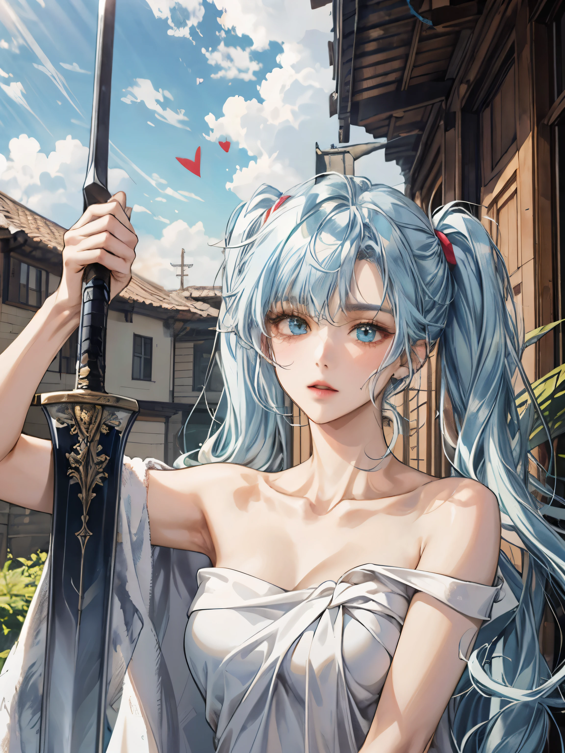 light blue hair, very long hair with braids , The Perfect Face, holding a big sword in my hand, clear sky, heart eyes, Pretty Woman, Please lay down a white towel.,  clavicle, Cool pose,  Heterochromia, mature face ,  Sharp photo, 