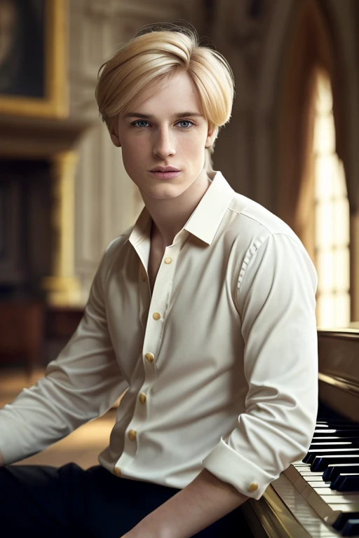 a young man, golden blonde hair, whole body, in castle, masterpiece, realistic, 4k, detailed, inside castle, highly detailed face, in the piano, f2.8,denoise, dof, white open chest shirt, blur background,