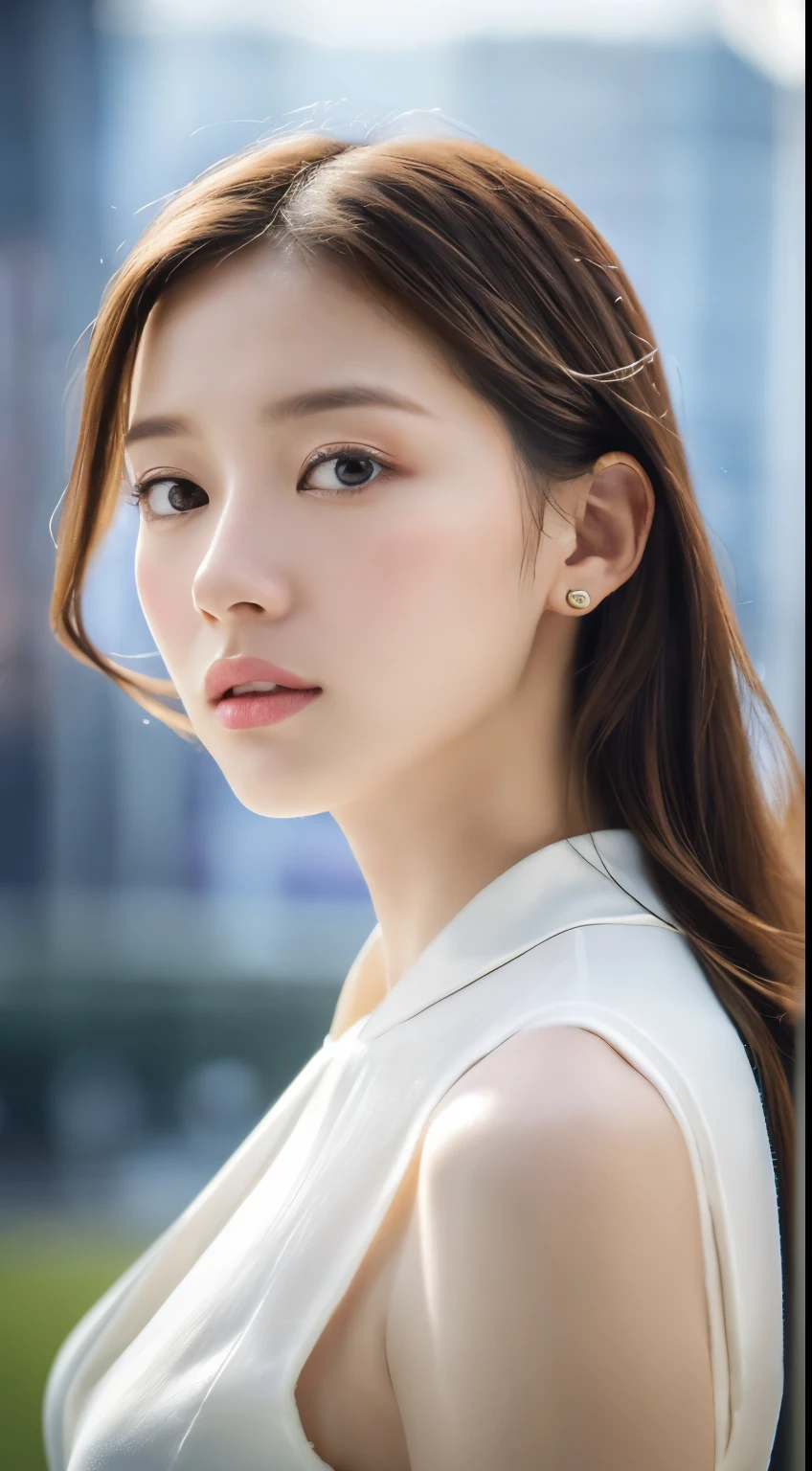 (8K, Raw photo, Photorealistic:1.25) ,( Lip gloss,Glossy finish, Glossy skin, Best Quality, 超A high resolution, chromatic abberation, Caustics, Wide light, Natural Shadow) look with serenity and goddess-like bliss to the spectators,(depth of fields:1.6), (colorful unfocused lights on background:1.2) ,very natural make-up,Shot on a cloudy day . Slender eyes.Downcast eyes. The distant look in her eyes、(Classy and chic outfits)(Stylish as a professional model)、Radio City