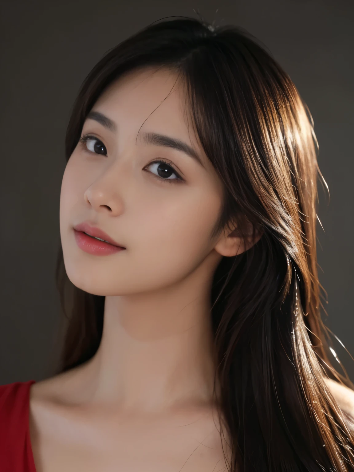 masterpiece, best picture quality, high quality, beautiful girl, Japanese, Japanese school girl, popular Korean makeup, detailed, swollen eyes, detailed eyes, detailed skin, beautiful skin, ultra high resolution, (reality: 1.4), very beautiful, slightly younger face, beautiful skin, slender, (ultra realistic), (illustration), (high resolution), (8K), (highly detailed), (best illustration), (beautifully detailed eyes), (super detailed), (wallpaper), (detailed face), looking at viewer, fine details, detailed face, pureerosfaceace_v1, smiling, looking straight ahead, looking straight ahead, angle from waist up, realistic photo, bright lighting, professional lighting, blonde, long hair, dark abandoned, big red moon, gorgeous red and black dress, mature woman,キスショット・アセロラオリオン・ハートアンダーブレード