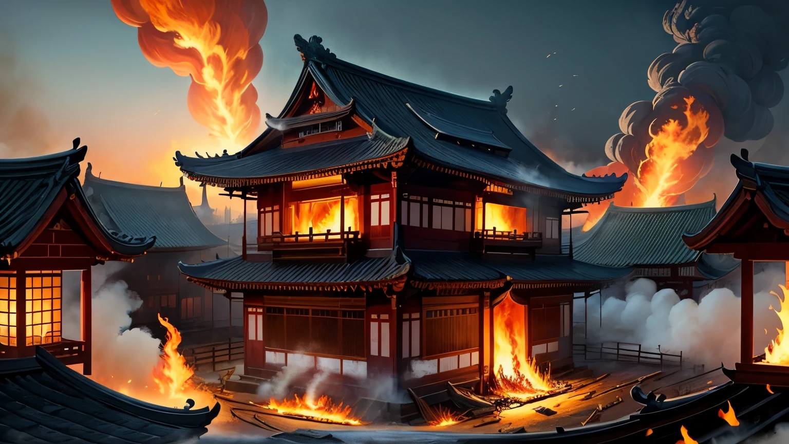 ((best quality)), ((masterpiece)), (detailed), antiquity,City,The flames burn and spread,Burn everything is burning,Asia,House,unmanned,
