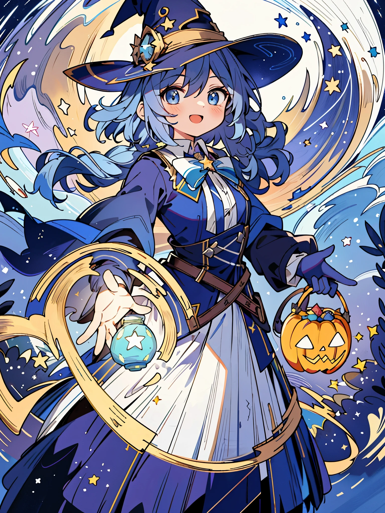 ((masterpiece:1.2, best quality)), 1girl, solo, (witch hat), a close up of a girl with curly hair, dress, aurora, night, star (sky), gloves, sky, dress, night sky, open mouth, starry sky, light blue eyes, ribbons, smile, cape, blue hair, magic, casting spell, night, (impressionism:1.4), alphonse mucha, Halloween colors, colorful candy, casting a spell, magical lights