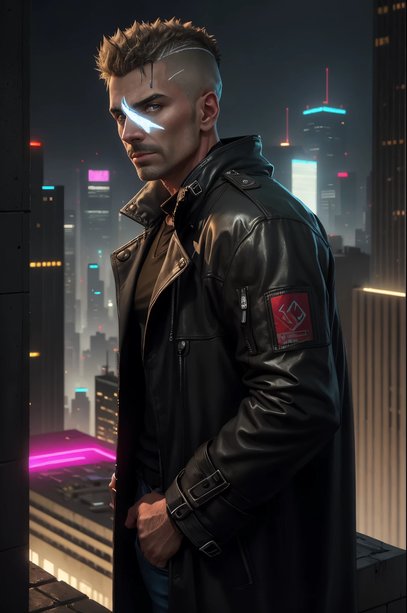 A man, 45 years old, brown eyes, hair shaved on the sides, combed back, unshaven, wearing a dark trench coat with the collars turned up. He is leaning against the parapet of a building, observing from above the night of the cyberpunk city below in the background. Background futuristic cyberpunk make it realistic, Blade Runner, 8k, ultra hd