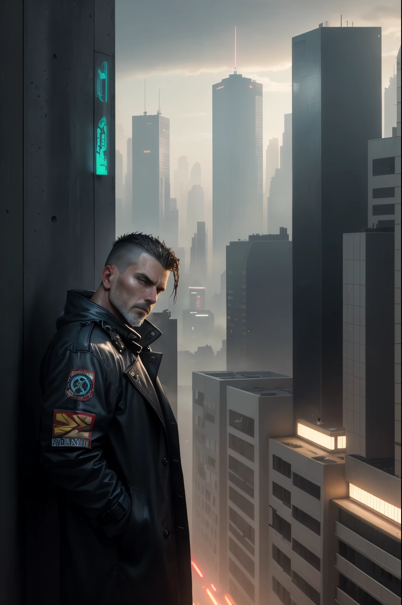 A man, 45 years old, brown eyes, hair shaved on the sides, combed back, unshaven, wearing a dark trench coat with the collars turned up. He is leaning against the parapet of a building, observing from above the night of the cyberpunk city below in the background. Background futuristic cyberpunk make it realistic, Blade Runner, 8k, ultra hd