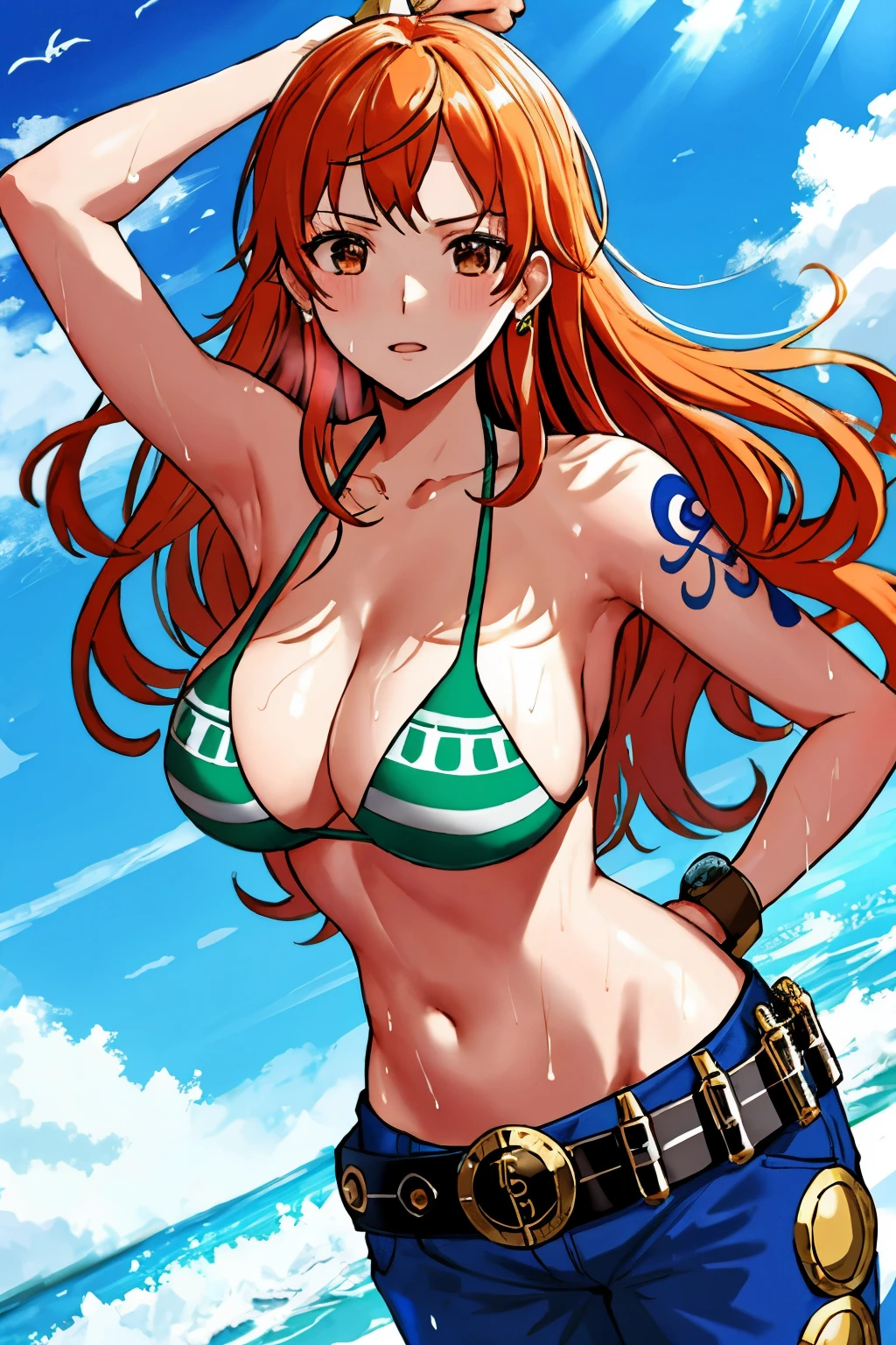 detailed background, masterpiece, 4K, best quality, 늦은 request소년, adult, wrestler body, 1 woman, Active, energetic, Uppercut, (Big mouth) , alone, nami \(One Piece\), 1 woman, bangle, (Very wet, Drenched in sweat, sweating all over, Very wet hair, tired, breathe, get off, exhausted, outcry, Sweaty face, sweaty body, Panting, sweating too much, Glittering sweat, sweaty armpits, trend, hands on hips, Serious, glaring), Perfect, detailed face, draw a thick line, muscular arms, Detailed and thick arm lines, Flat chin, adult woman, Wide striped bangs with waves, floating bangs, (Big cheeks), bare shoulders, off shoulder, belt, bikini, bikini top only, blue sky, bracelet, Elastic breasts, chest line, Big round eyes, very large and bright brown eyes, foam, 높은 눈 stomach치, divided, cloud, afternoon, request, earring, floating hair, shiny hair, green belt, green bikini, thick groin line, requestpants, jewelry store, medium chest, Log Pose, long hair, looking at viewer, navel, wet hair, Orange hair, pants, shoulder Tattoo, Side lock, sky, alone, standing, stomach, swimsuit, Tattoo , looking at viewer, get off, Detailed left arm, large forehead, hourglass shape, small head, a toned body, Broad head, wind effect, The Sun Effect, Under the sun, Narrow small ear angle, previous, 무작stomach 포즈,