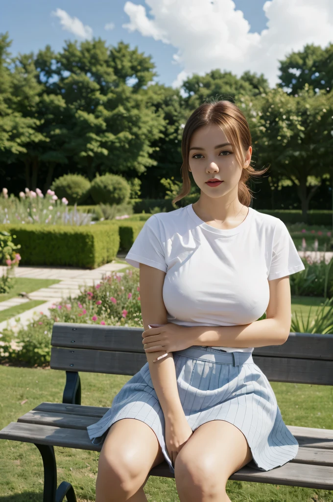 a european girl, sitting on bench, garden, gentle breeze, hair flying, girl correcting her hair with hand, cinematic pose, big breast, hot thigs, red shoes, sky blue t shirt, white classic skirt, eyes open