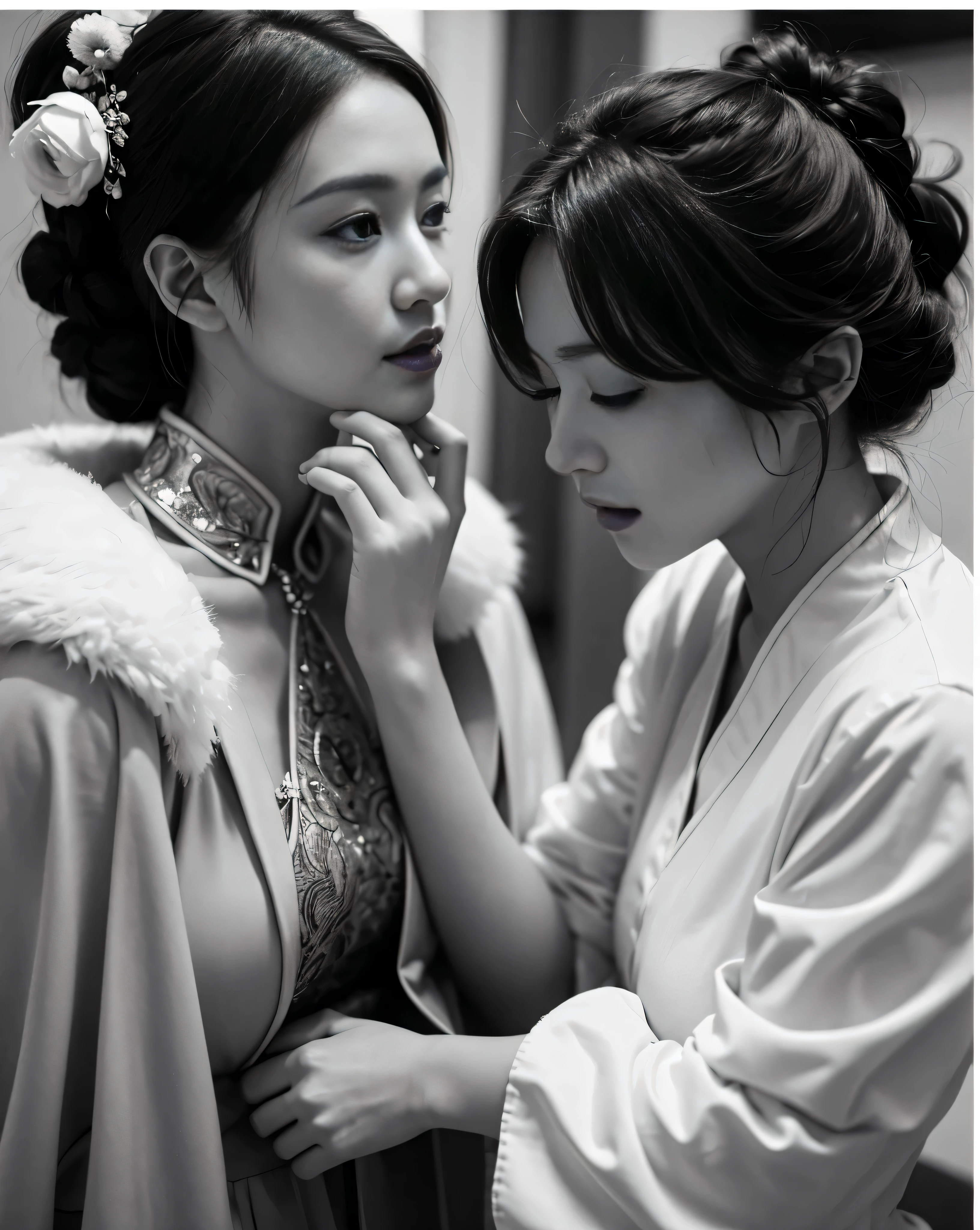 A woman wearing a white robe and another woman wearing a white dress are the main subjects of the artwork. The women are wearing traditional Chinese clothes, Especially Hanfu, Known for elegance and elegance. The woman in white robe represents the Queen of China, A woman wearing a white skirt represents a noble lady. Both are inspiRed by the beauty of Empress Dowager Cixi, Powerful figures in Chinese history.
The works are deeply influenced by traditional Chinese art and photography. The composition and style are inspiRed by the works of the famous Chinese painter Qiu Ying. Intricate details and delicate brushwork aim to capture the essence of traditional Chinese culture.
The color palette is rich and vibrant, Emphasis on traditional Chinese colors,For example, Red, Kaneko, and blue. These colors symbolize prosperity, fortune, and the nobility in Chinese culture. Use of soft furnishings, Warm lighting creates a warm and inviting atmosphere, Highlight women'beauty and elegance.
Ensure the highest quality and authenticity of artwork, it should be described as "(best quality, 4K, 8k, high resolution, masterpiece:1.2), super detailed, (actual, photoactual, photo-actual:1.37)". Details and authenticity should be emphasized, showcasing artists'skills and professionalism.
Comprehensive, Tips should be concise and descriptive, Capture the essence of a scene,while incorporating the requiRed details.