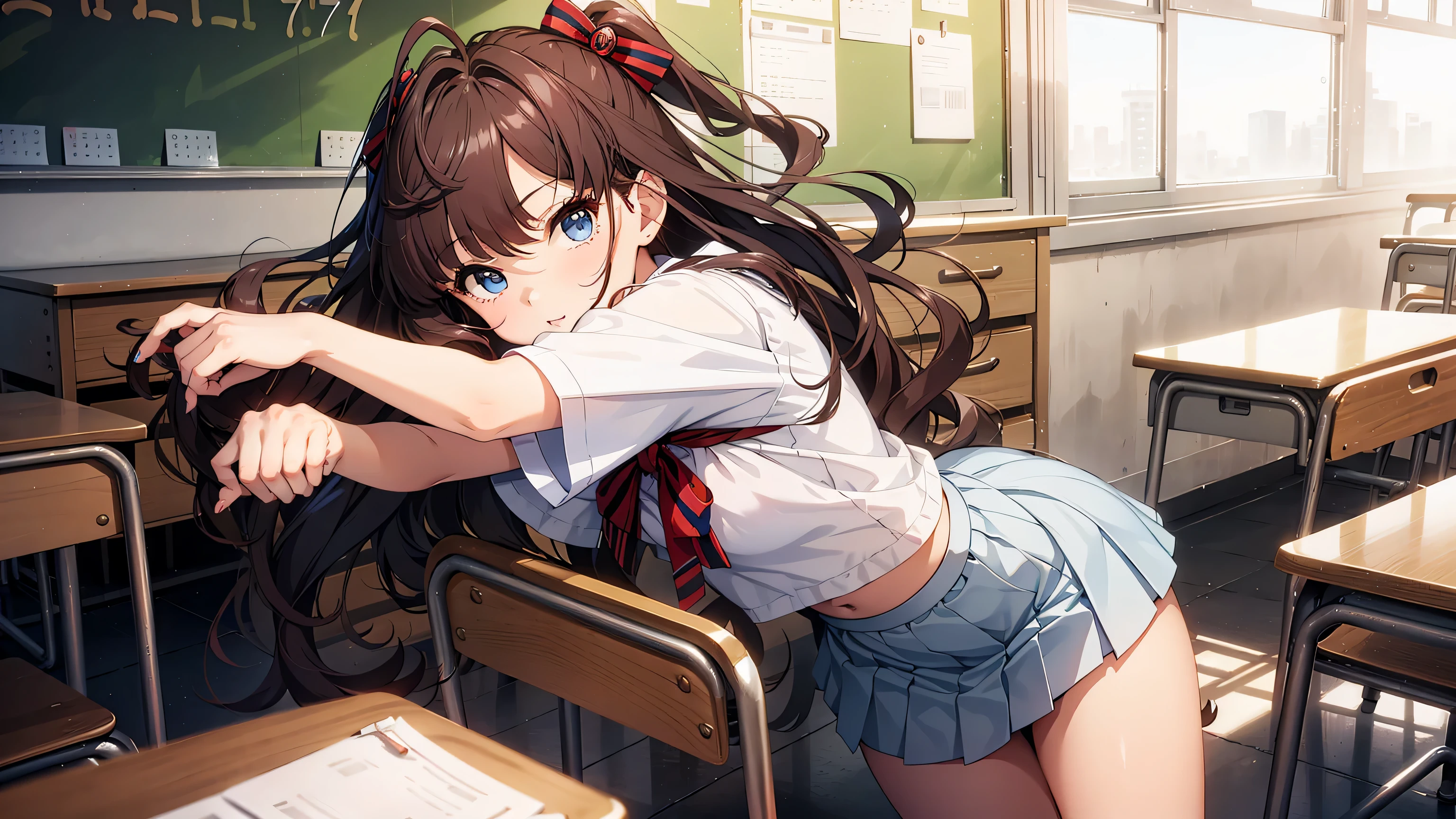 masterpiece, best quality, highres, ichinose shiki, idolmaster, long hair, two side up, hair bow, ahoge, medium breasts, earrings, sailor school uniform, school scenery background, classroom (Please draw a single one girl walking in a classroom school :1.3) ((1girl)), (Solo, face,17-year-old:2.0), a high school student. Full limbs, complete fingers, ((perfect fingers)), medium butt, groin, perfect eyes, sailor school uniform white and blue ((The blouse is white, skirt is blue, red bow on the blouse, blue sailor collar, short sleeves:)) (Detailed Lighting), (Detailed background), (in the school zone), full body view, standing, legs, uwabaki shoes. Cute, kawaii single girl (one girl), full body shot. Background is the school, front body