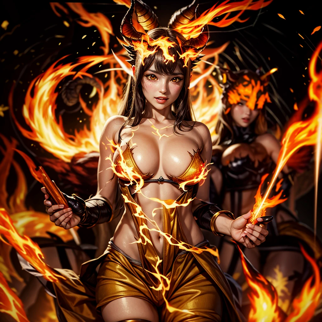 (NSFW:-1, Exposed:0.75), (((nipple:-1, horns:-1, extra ears:-1))), (bokeH, Acutance:0.85, Ultra-detailed:1.35), (Masterpiece, best quality, highres, realistic:1.37), (sexy Ifrit clad in flames with aura:1.28), (all outfits made of flames), (many colorful lights and sparks in blurred background:1.2), detailed gaze, seductive lips, alluring pose, mesmerizing atmosphere . BREAK (Luminous Particles:1.15), full of fire covering and surrounding whole Body, filled with flames, ruins, fiery Sky, a cigarette hold in mouth .