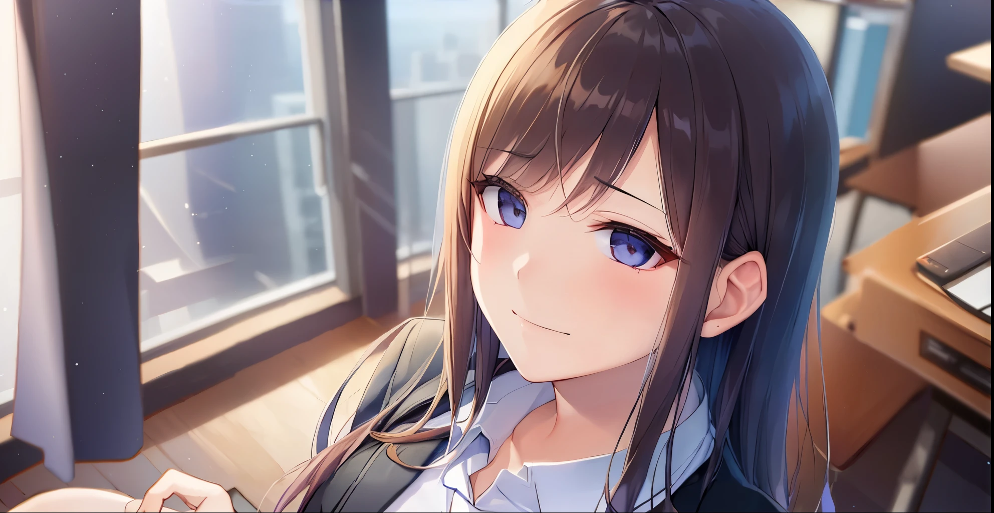 The background is an office、window、floor