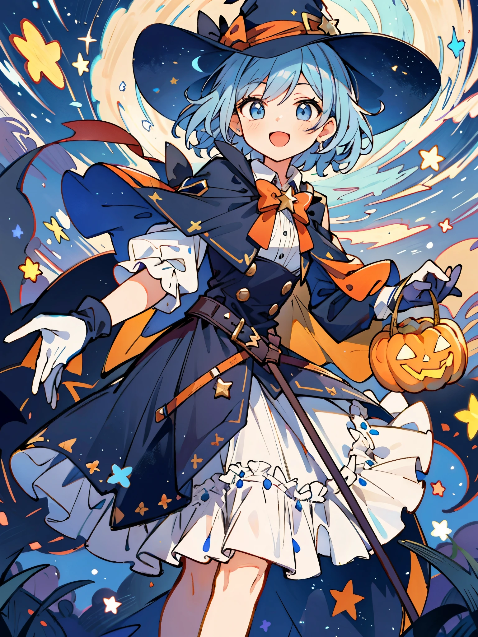 ((masterpiece:1.2, best quality)), 1girl, solo, (witch hat), a close up of a girl with curl hair, short hair, dress, aurora, night, star (sky), gloves, sky, dress, night sky, open mouth, starry sky, light blue eyes, ribbons, smile, cape, blue hair, magic, casting spell, night, (impressionism:1.4), alphonse mucha, Halloween colors, colorful candy
